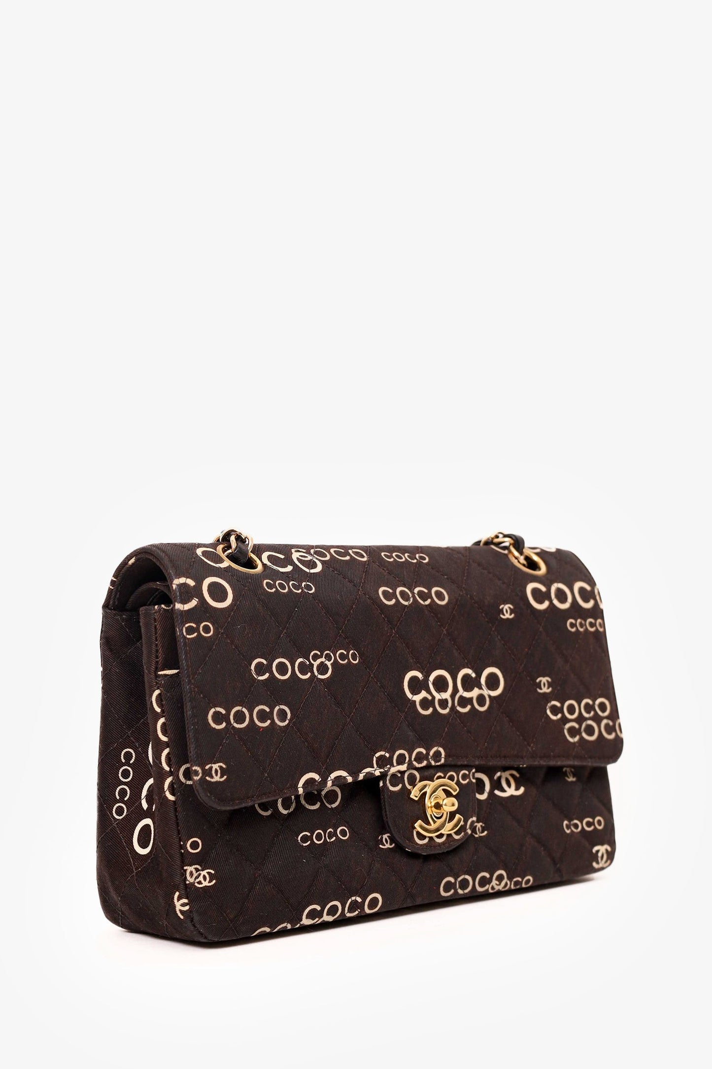 Chanel™ 2002-03 Black/White Quilted Coco Print Medium Double Flap Bag
