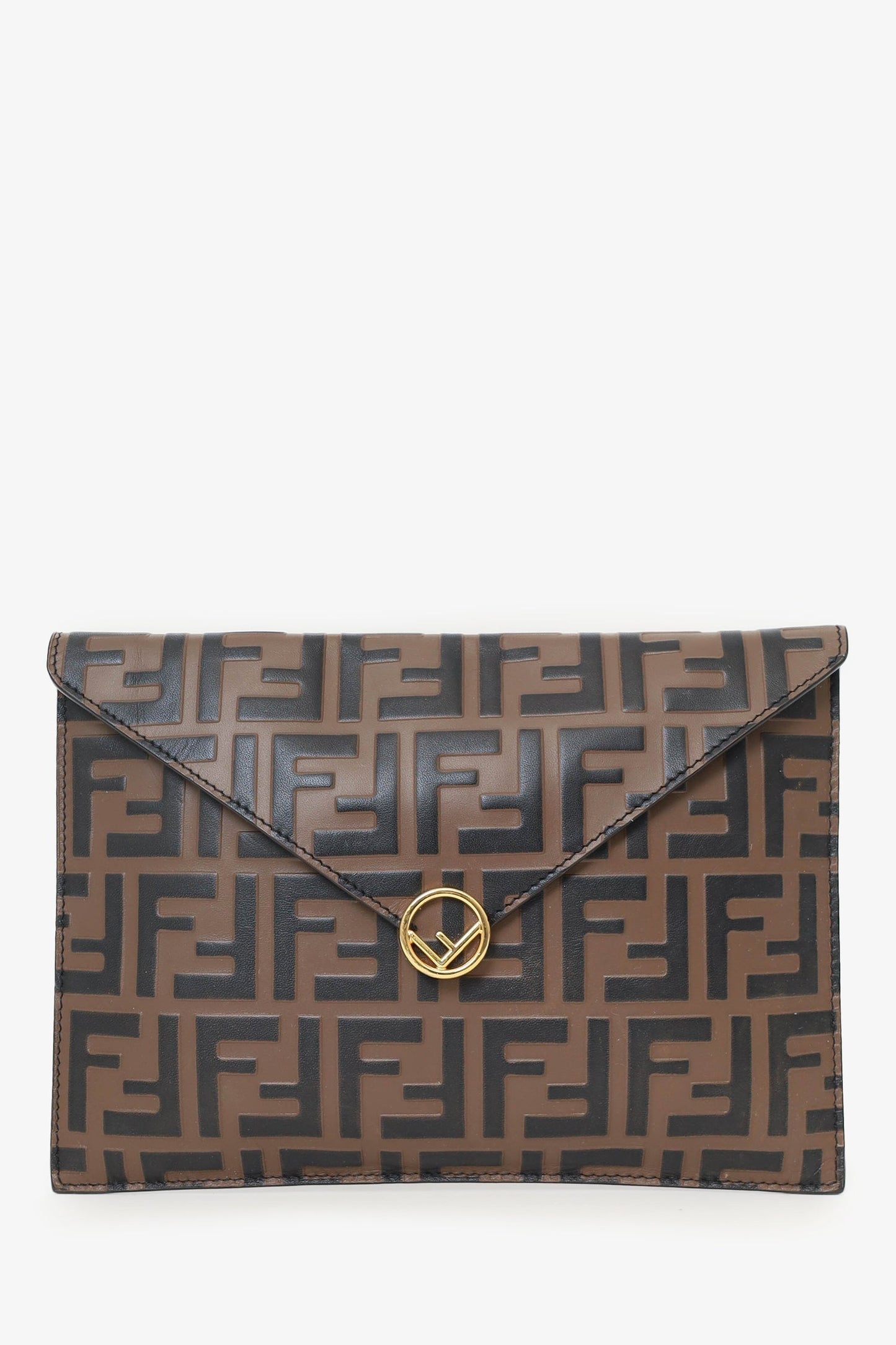 Fendi Brown Leather FF Motif Flat Clutch Flap Pouch
