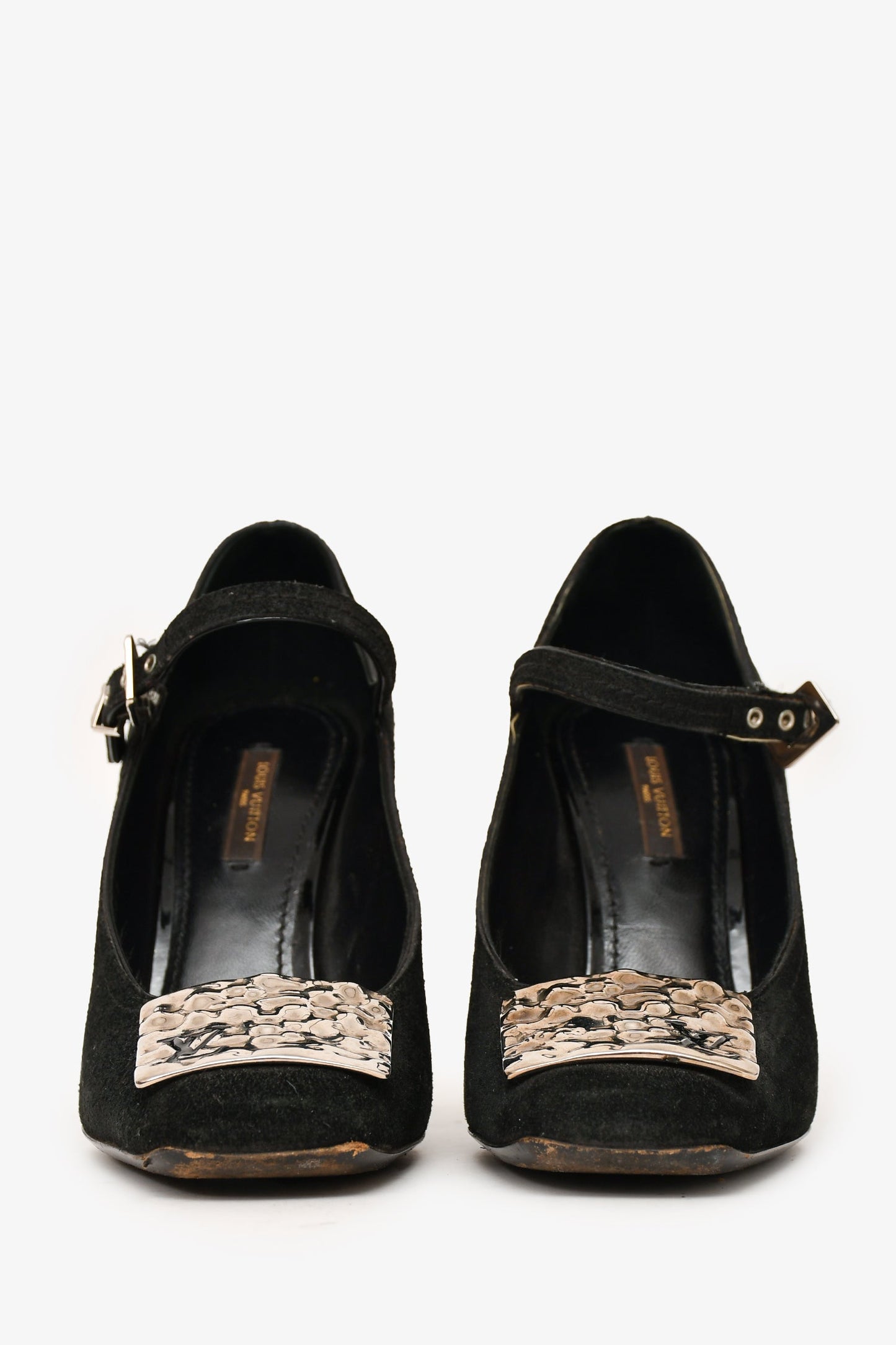 Louis Vuitton Black Suede Leather LV Plaque Mary Jane Heels Size 37 (As Is)