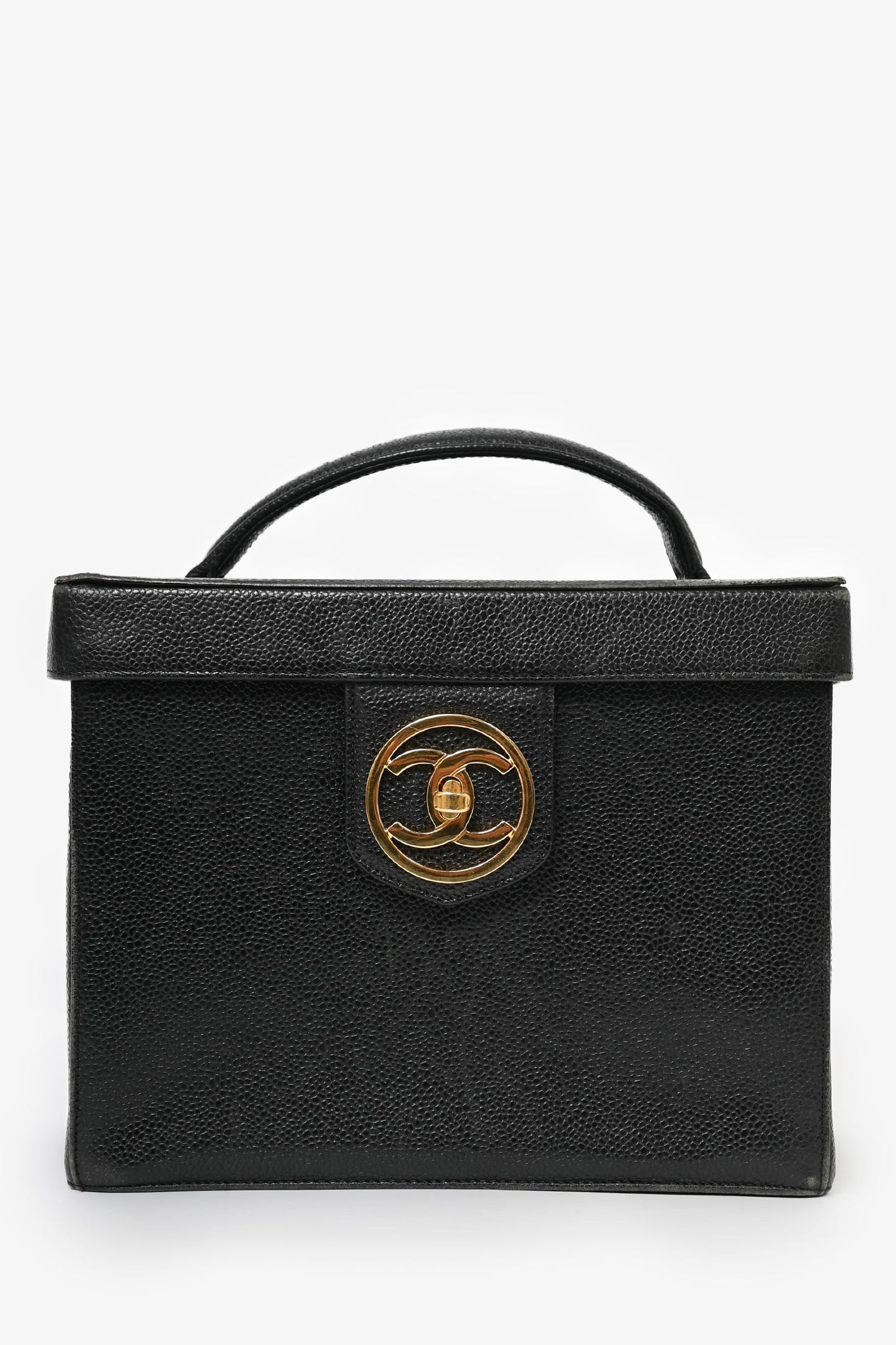 Chanel™ 1991-94 Black Caviar Leather CC Box Vanity Makeup Case with Chain Strap (As Is) Handbag