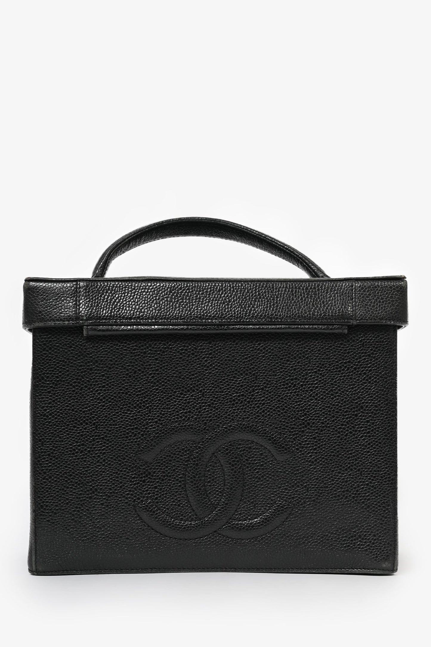 Chanel™ 1991-94 Black Caviar Leather CC Box Vanity Makeup Case with Chain Strap (As Is) Handbag