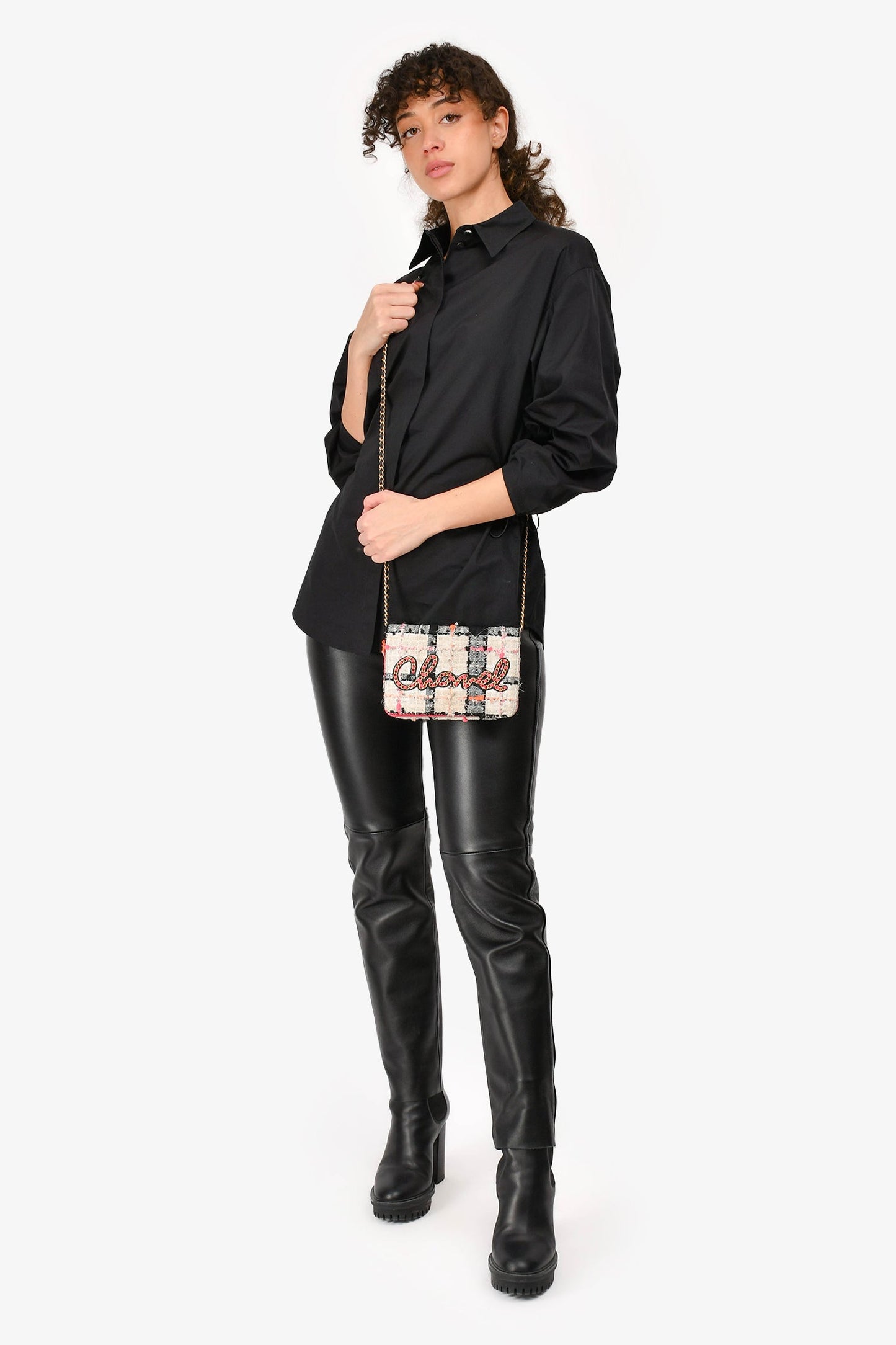 Chanel™ 2019 Pink/Black/Cream Tweed Wallet On Chain Crossbody