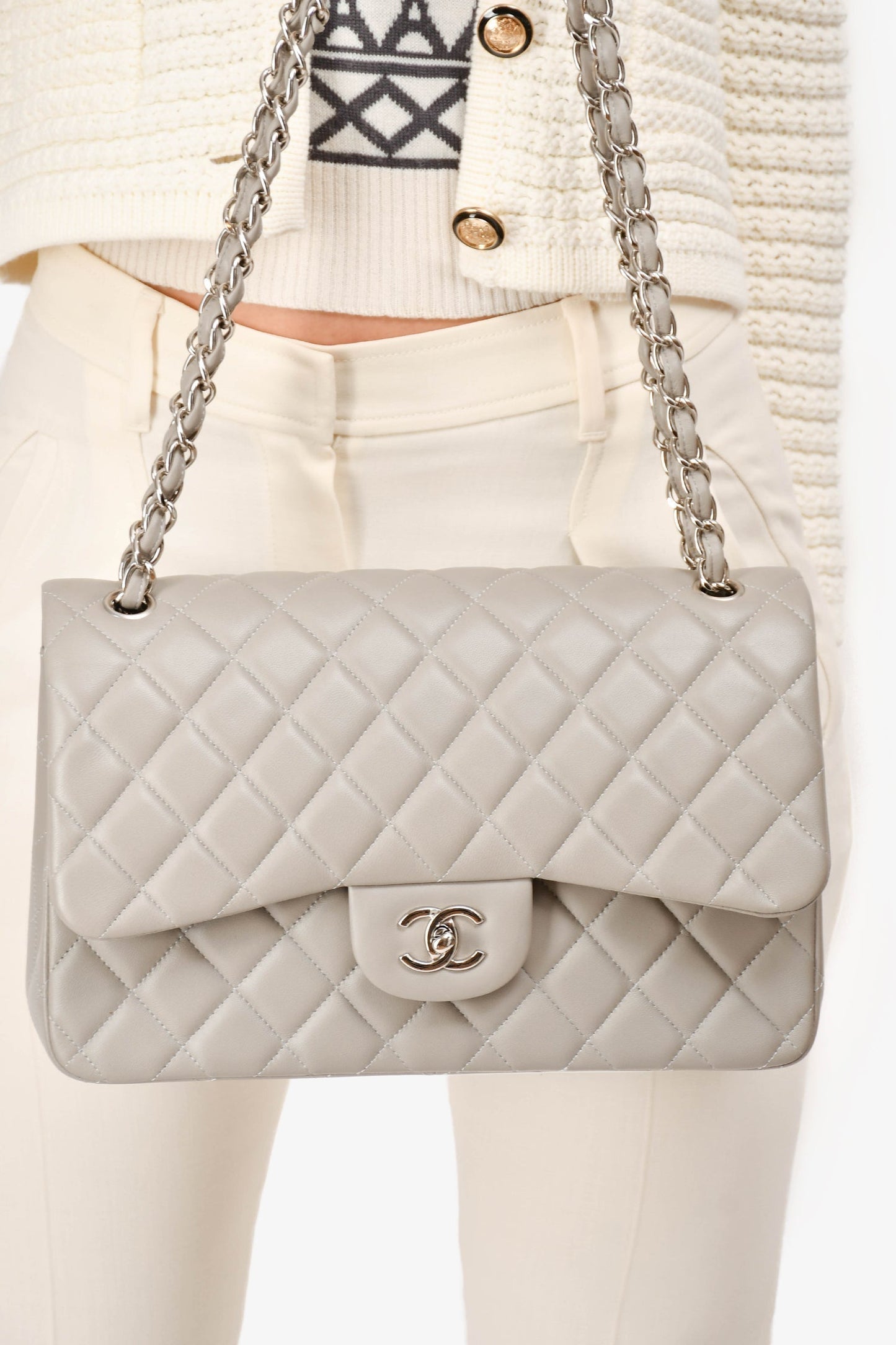 Chanel™ 2019/20 Grey Lambskin Leather Jumbo Double Flap Shoulder Bag
