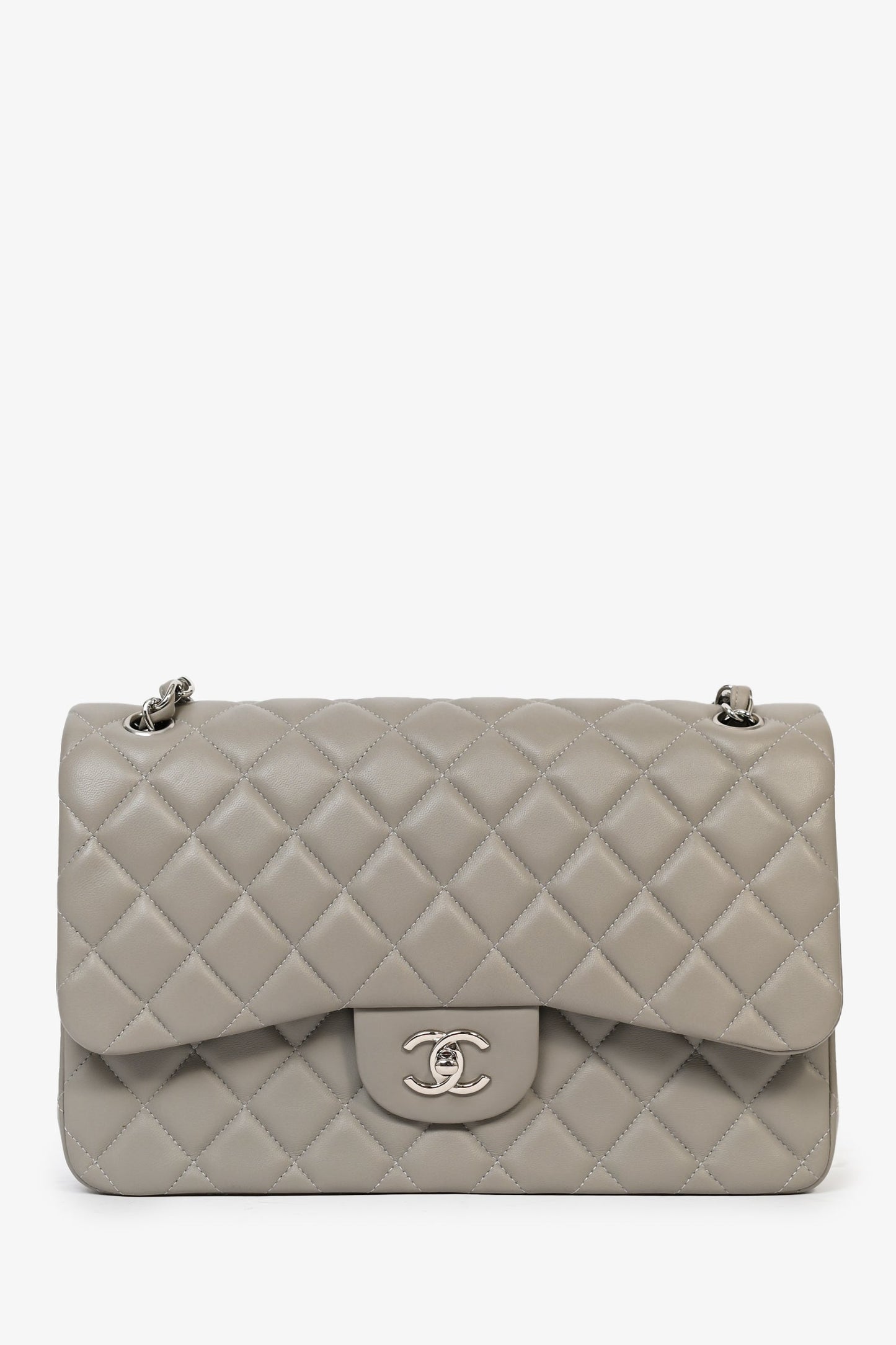 Chanel™ 2019/20 Grey Lambskin Leather Jumbo Double Flap Shoulder Bag