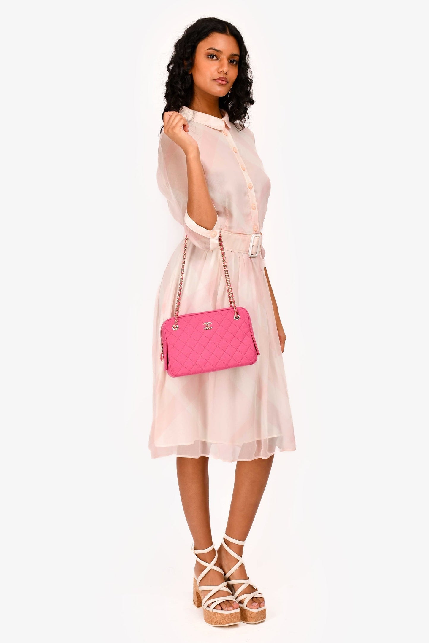 Chanel™ 2019-20 Fuchsia Quilted Jersey Zip Double Chain Bag