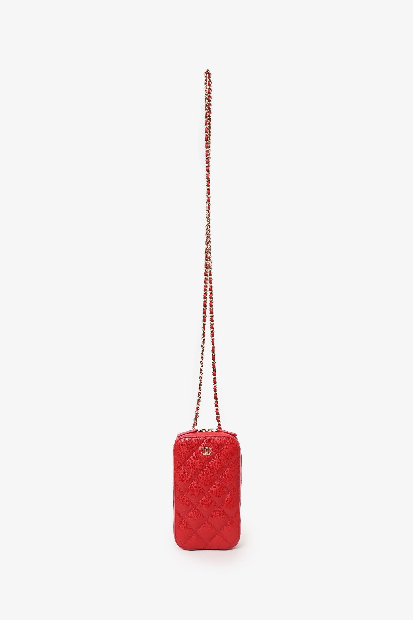 Chanel™ 2019 Red Caviar Vertical ZIP Around Phone Chain Bag