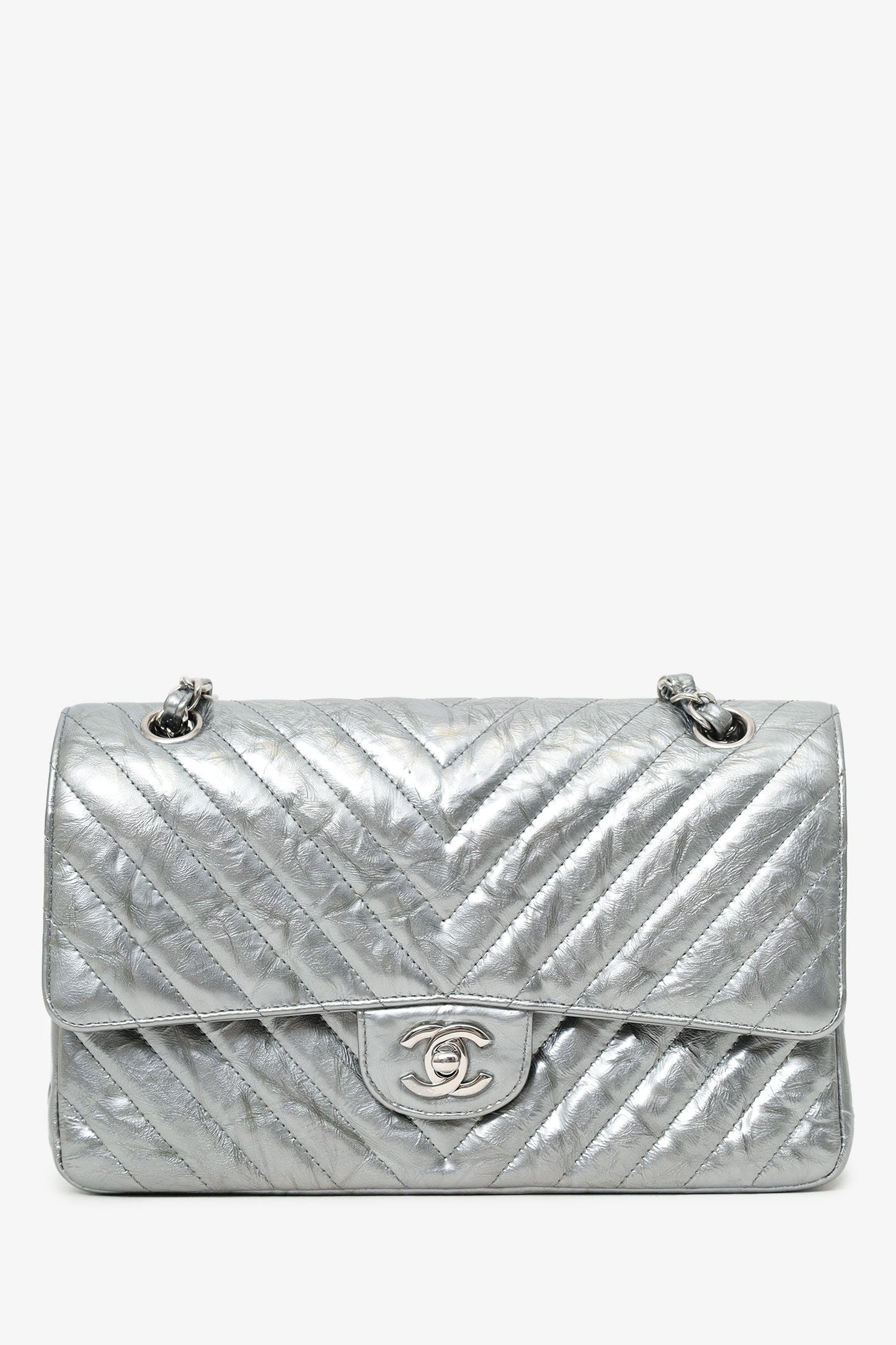 Chanel™ 2018 Silver Metallic Patent Crumpled Calfskin Chevron Quilted Medium Double Flap Shoulder Bag