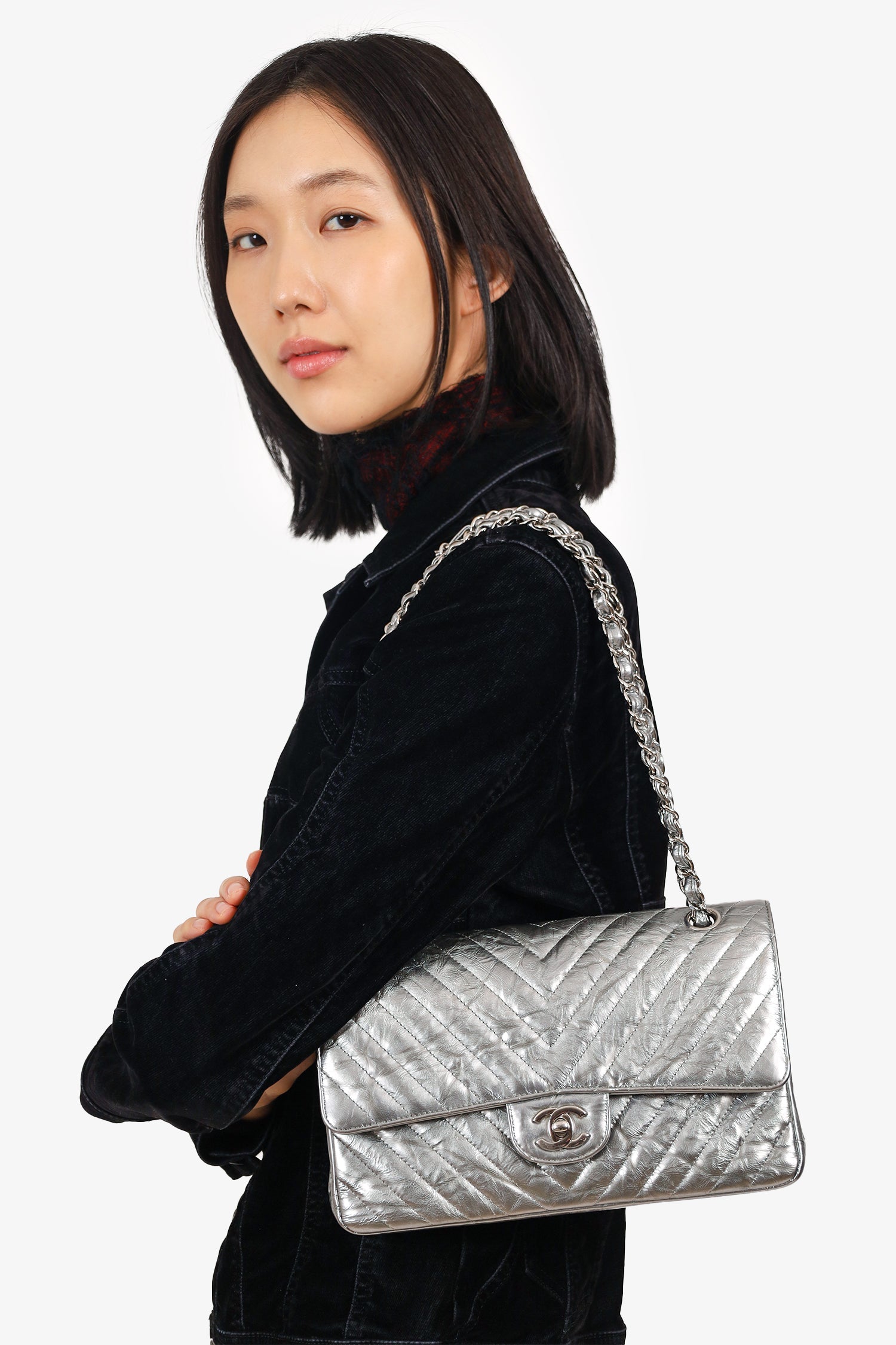 Chanel™ 2018 Silver Metallic Patent Crumpled Calfskin Chevron Quilted Medium Double Flap Shoulder Bag