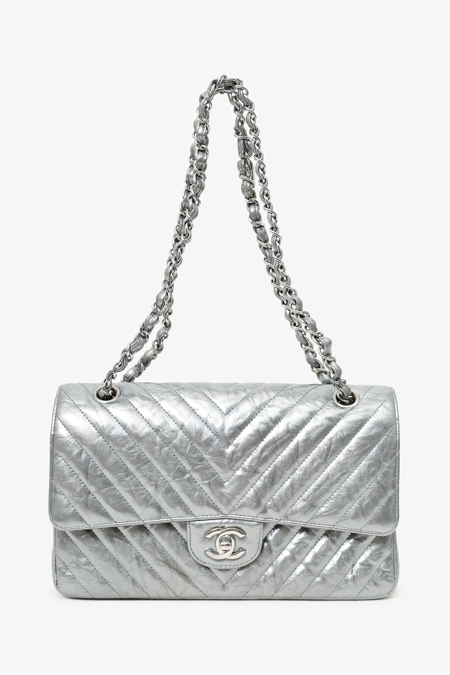 Chanel™ 2018 Silver Metallic Patent Crumpled Calfskin Chevron Quilted Medium Double Flap Shoulder Bag