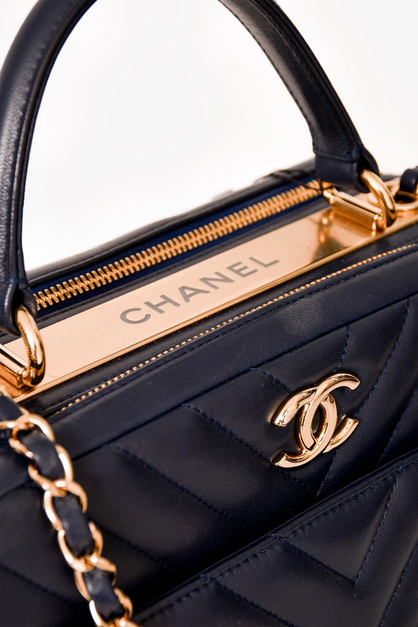 Chanel™ 2018 Navy Chevron Leather Medium Trendy Bowling Top Handle Handbag
