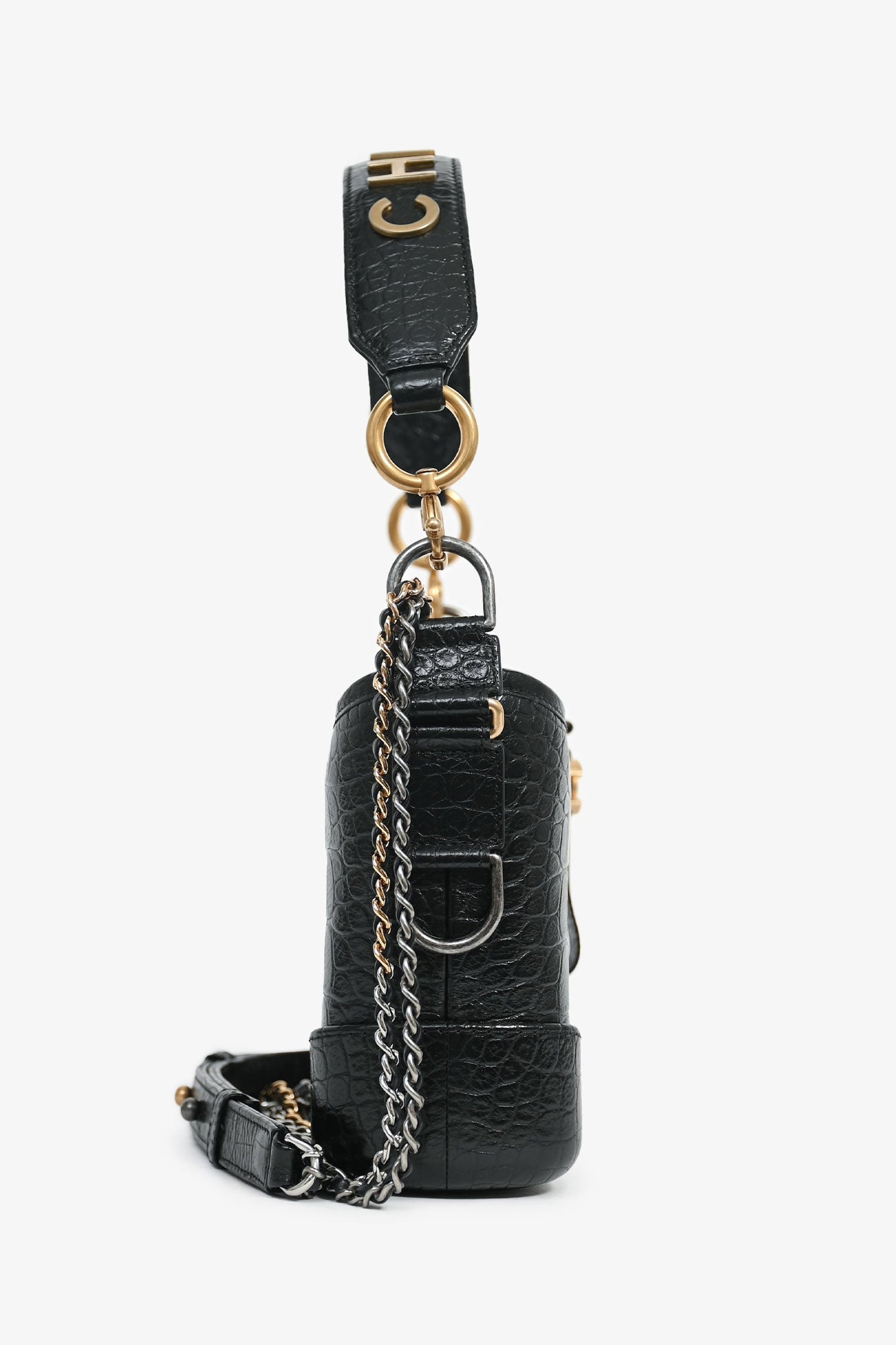 Chanel™ 2019-20 Black Croc Embossed Leather Medium Gabrielle Crossbody Bag with Logo Strap