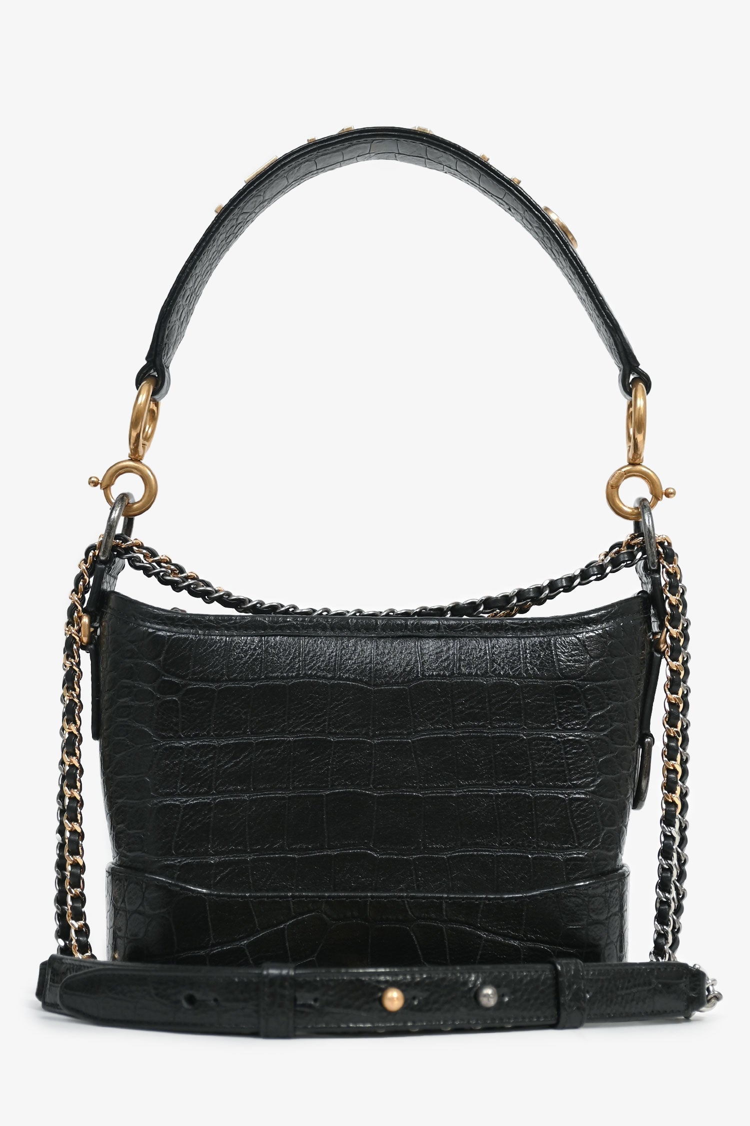 Chanel™ 2019-20 Black Croc Embossed Leather Medium Gabrielle Crossbody Bag with Logo Strap