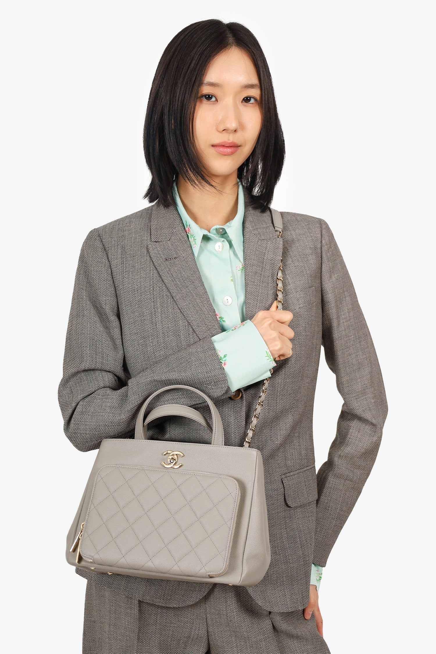 Chanel™ 2019 Grey Caviar Leather Quilted Small Business Affinity Shopping Tote
