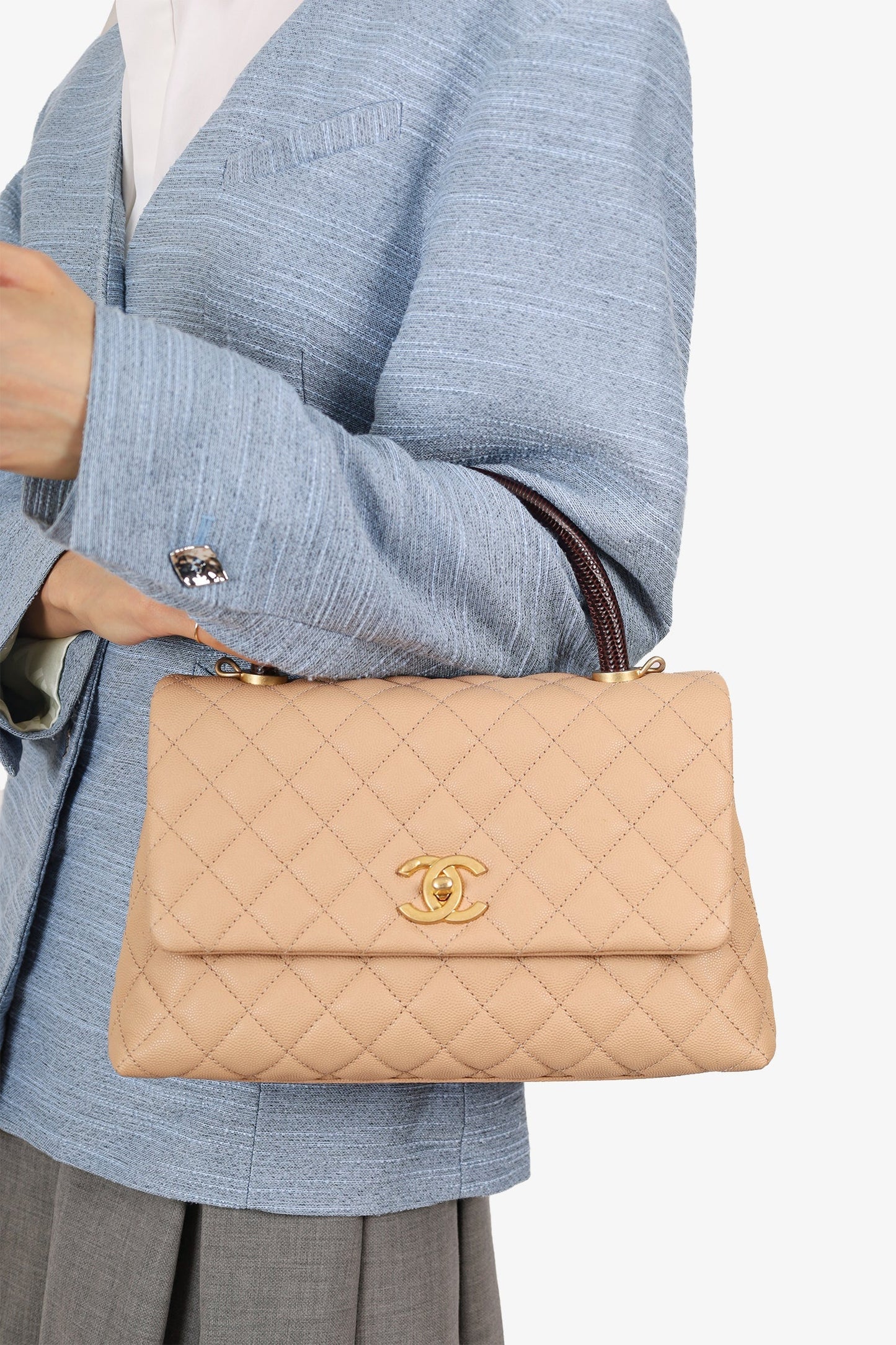 Chanel™ 2019-20 Beige Caviar Leather Small Coco Handle with Strap Handbag
