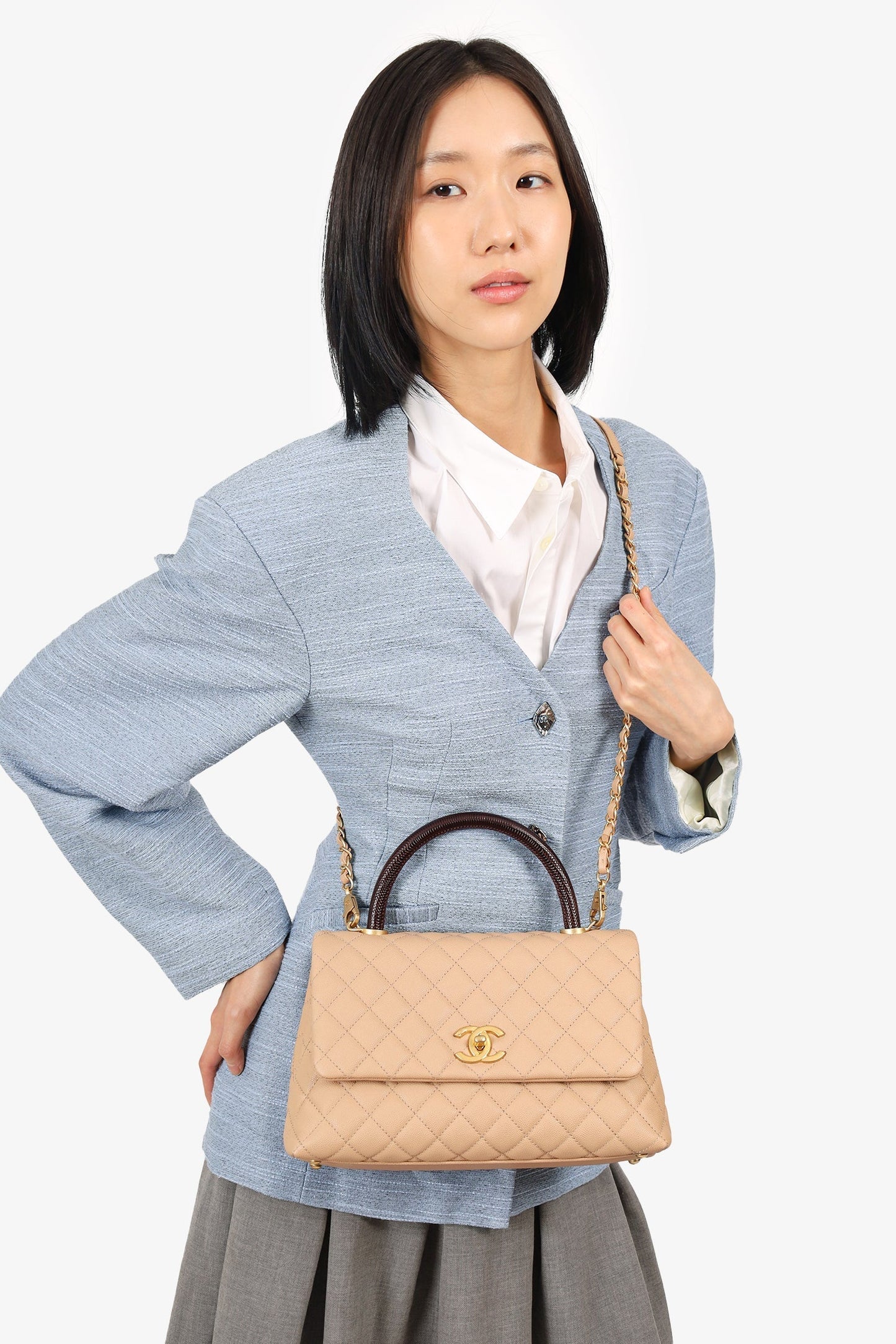 Chanel™ 2019-20 Beige Caviar Leather Small Coco Handle with Strap Handbag