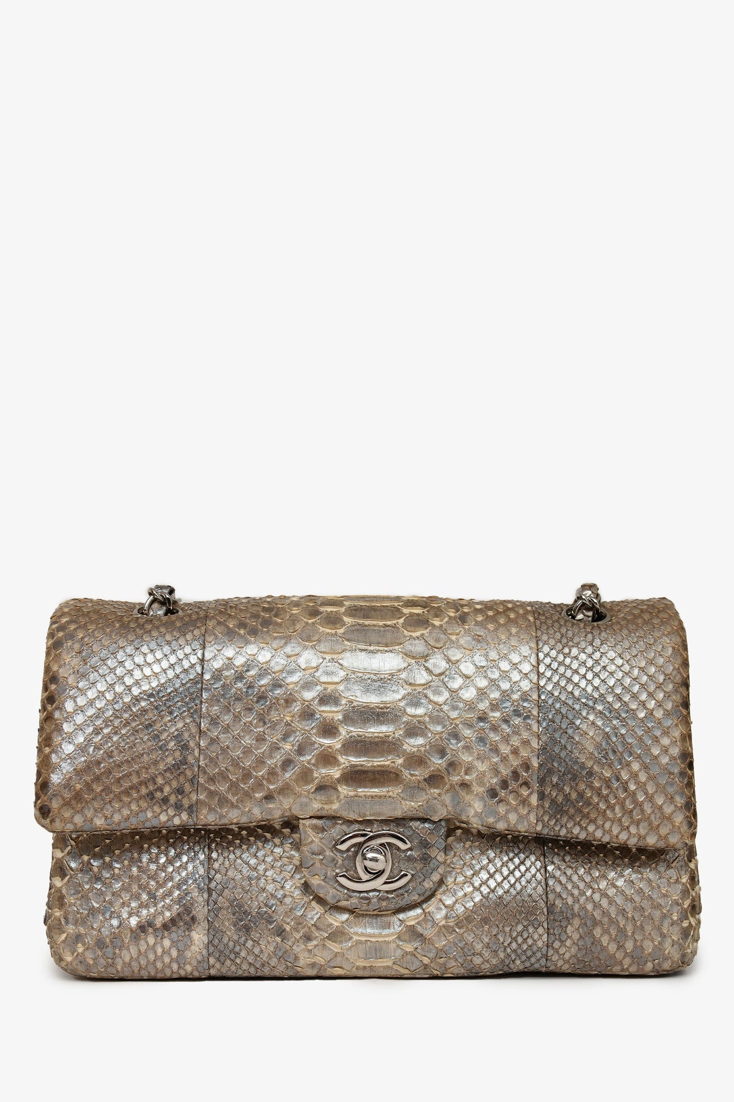 Chanel™ 2012 Silver Metallic Python Leather Classic Double Flap Shoulder Bag