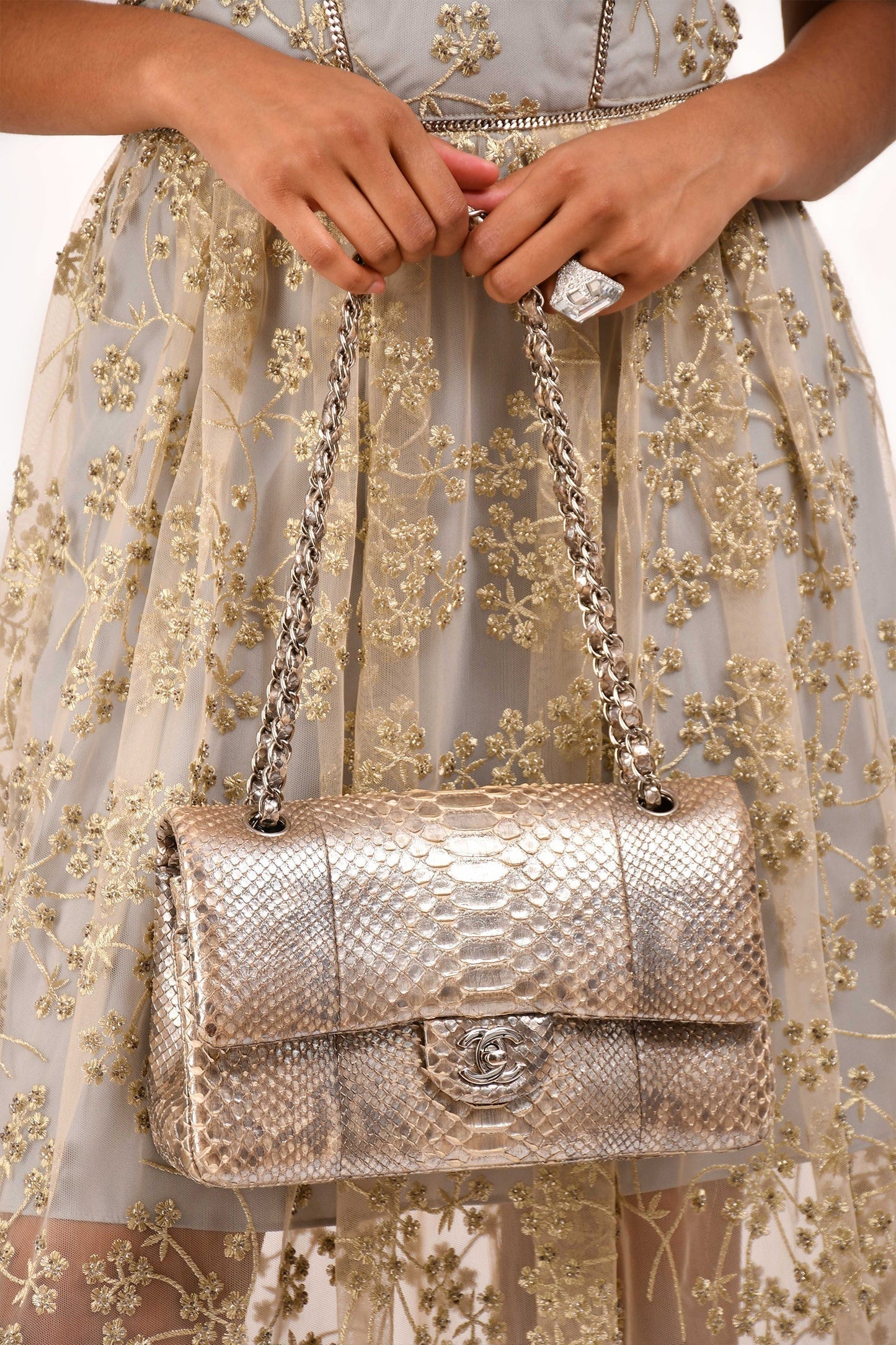 Chanel™ 2012 Silver Metallic Python Leather Classic Double Flap Shoulder Bag