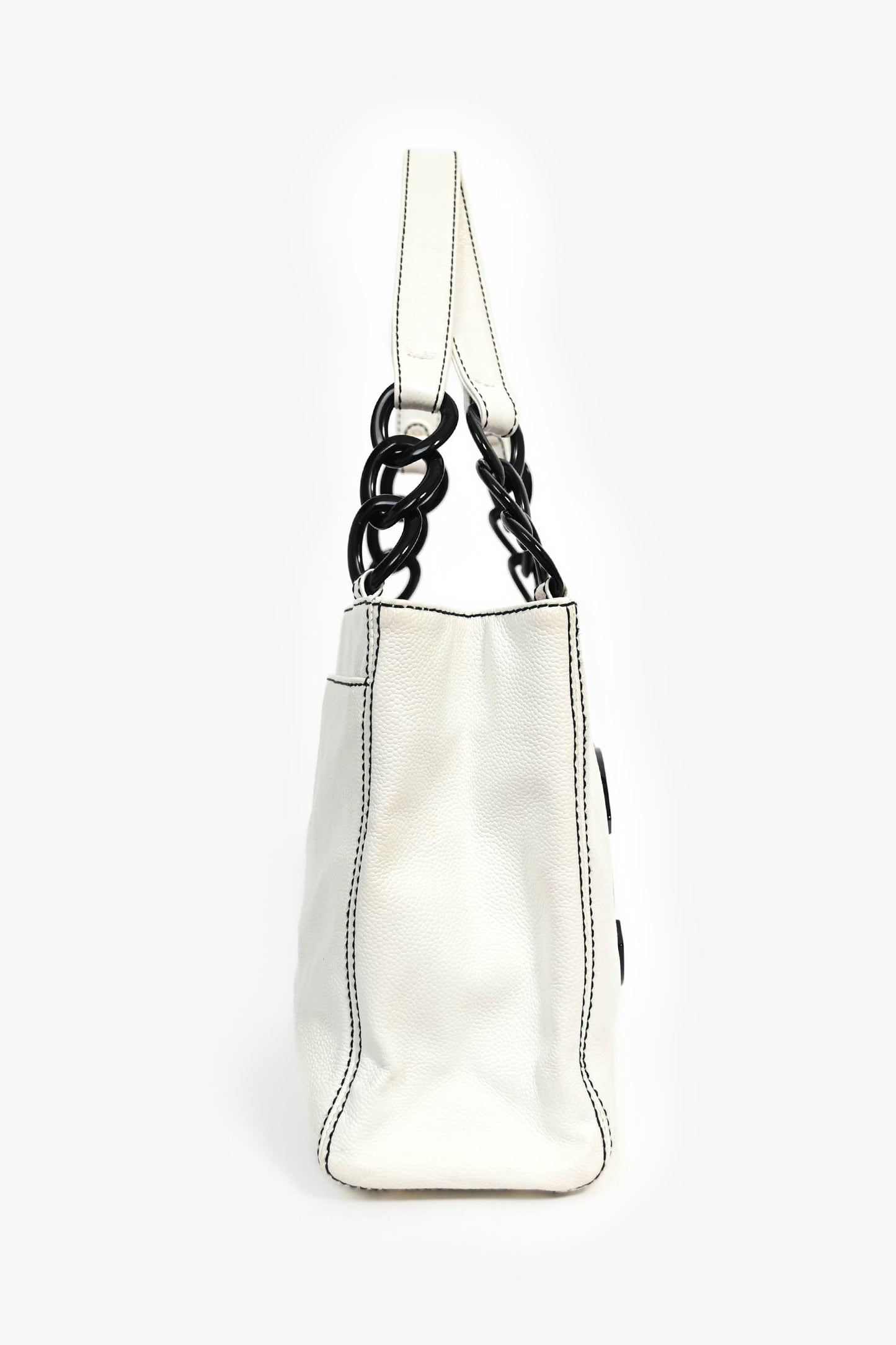 Chanel™ 2004-05 White Caviar Leather Black Resin CC Chain Link Tote Bag