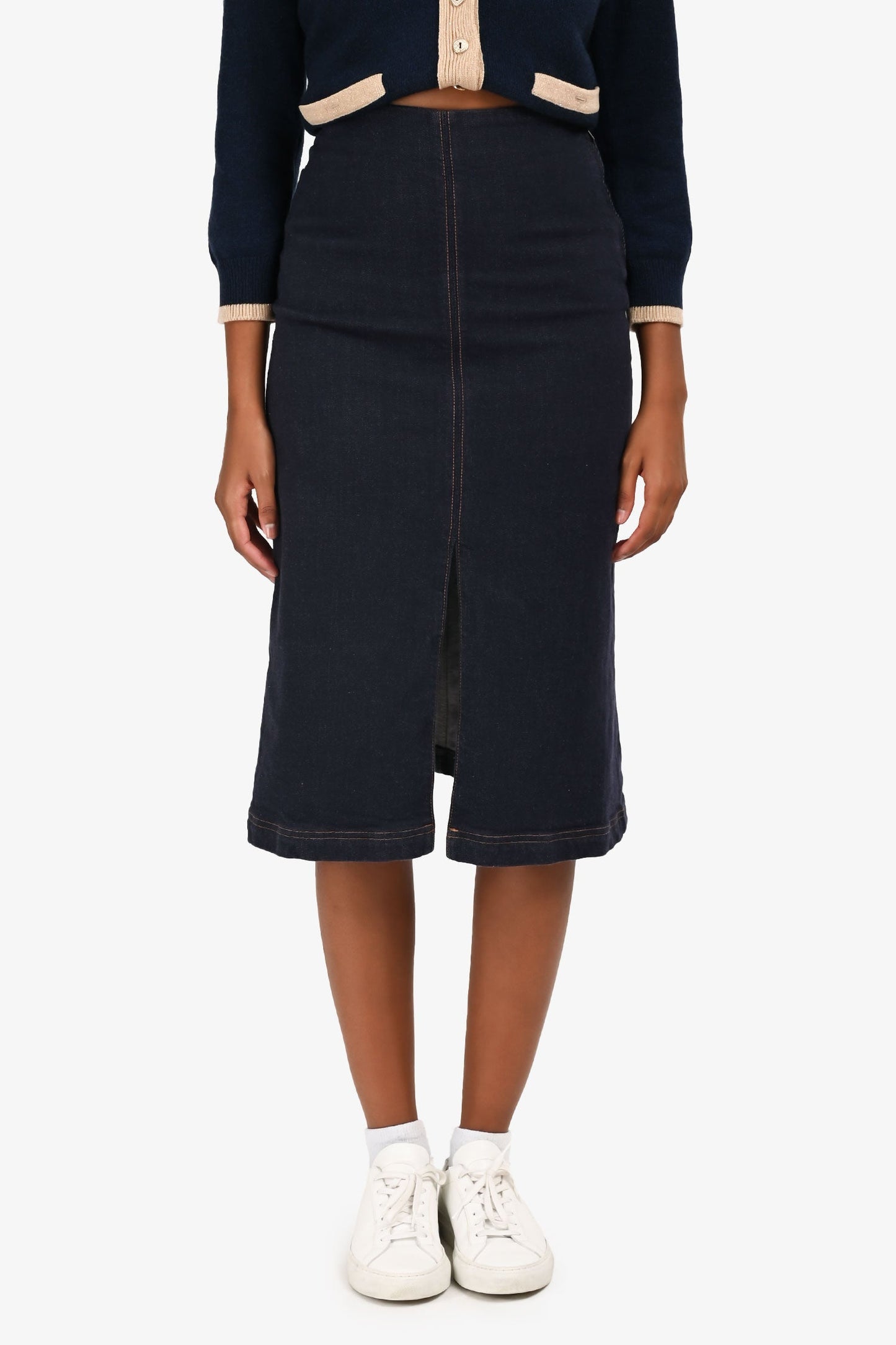 Fendi Dark Denim Contrast Stitch Embroidered Pocket Midi Skirt Est. Size XS