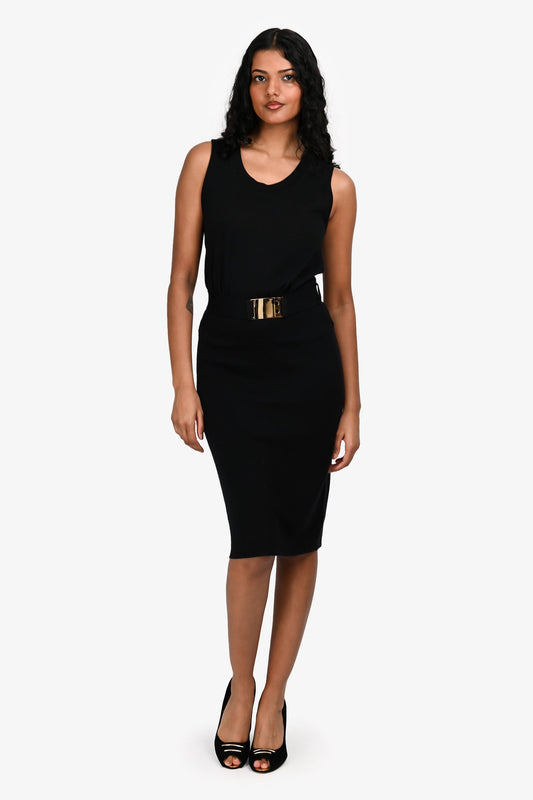 Fendi Black Cotton Knit Sleeveless Belted Dress Size 38