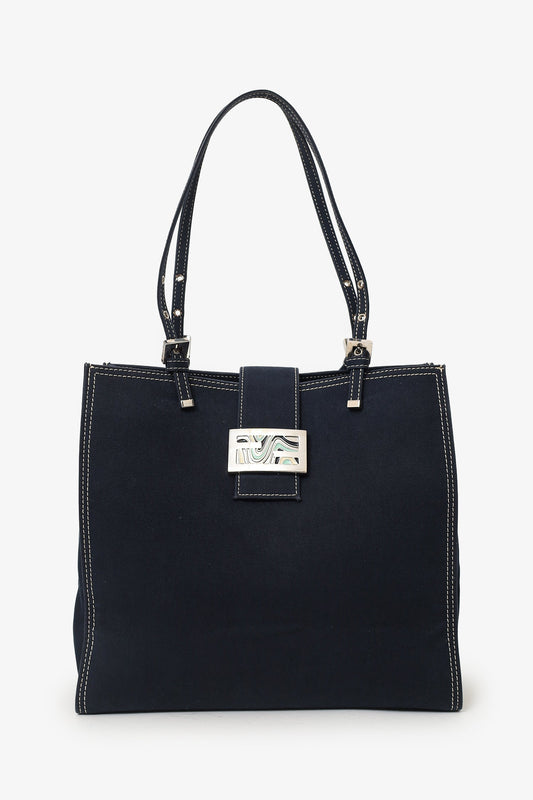 Fendi Blue Denim Baguette Buckle Square Tote Square