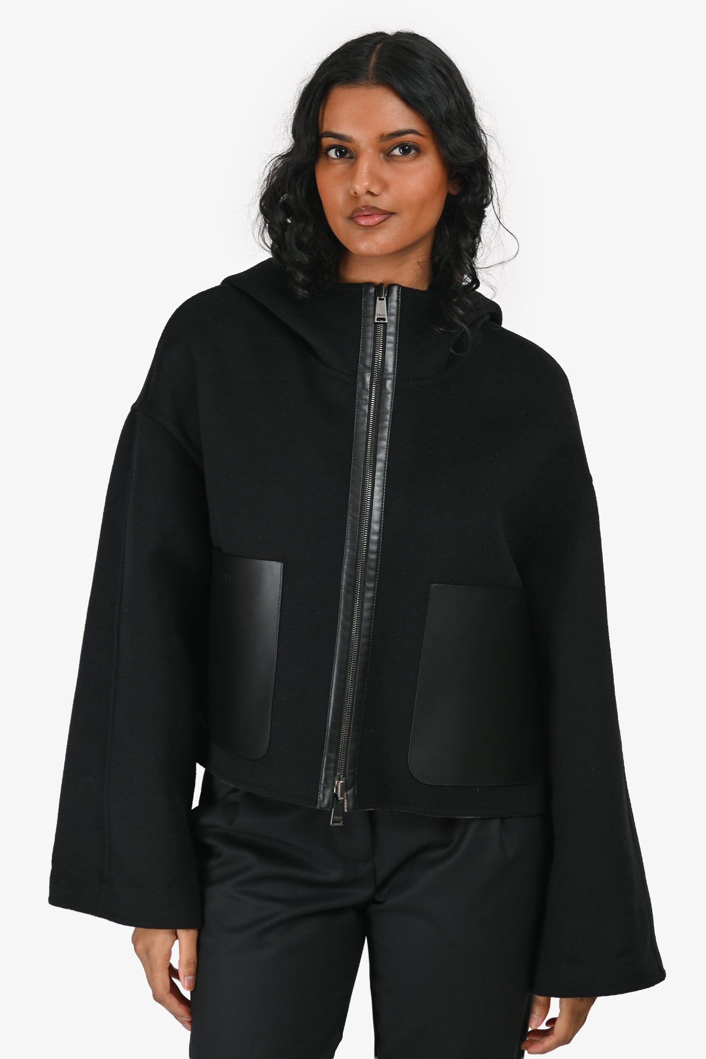 Fendi 2025 Brown Zucca/Black Wool Reversible Hooded Jacket with Leather Pockets Size 44 IT