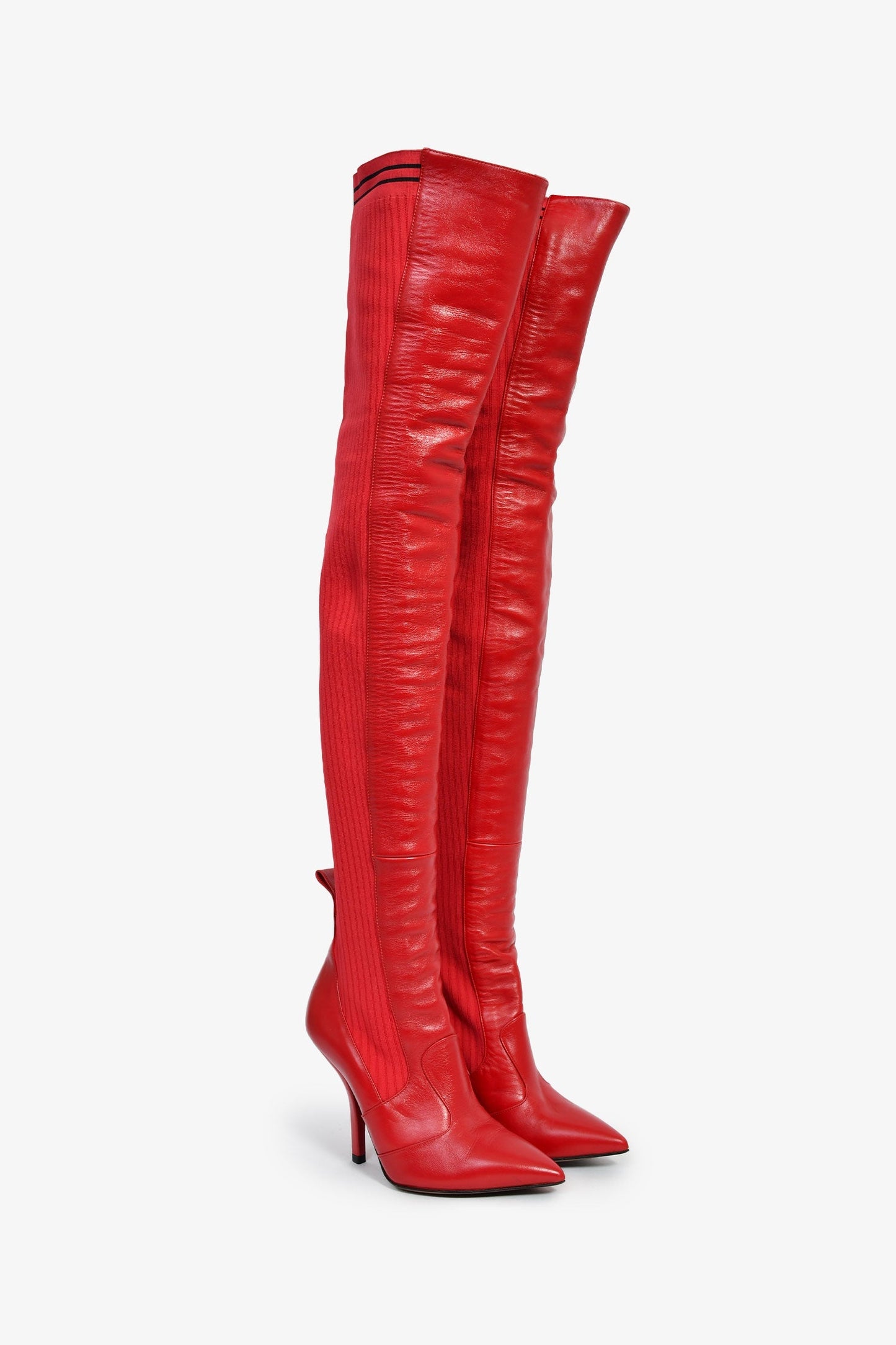 Fendi Red Leather/Knit Over The Knee 'Rockoko' Heeled Boots Size 37