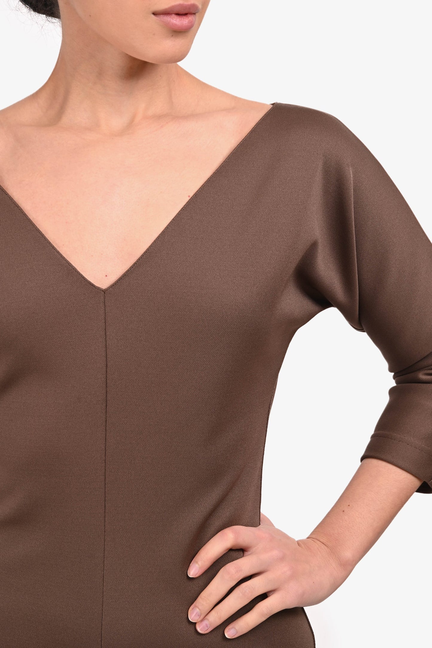 Fendi Brown 3/4 Sleeve V-Neck Midi Dress Size 40