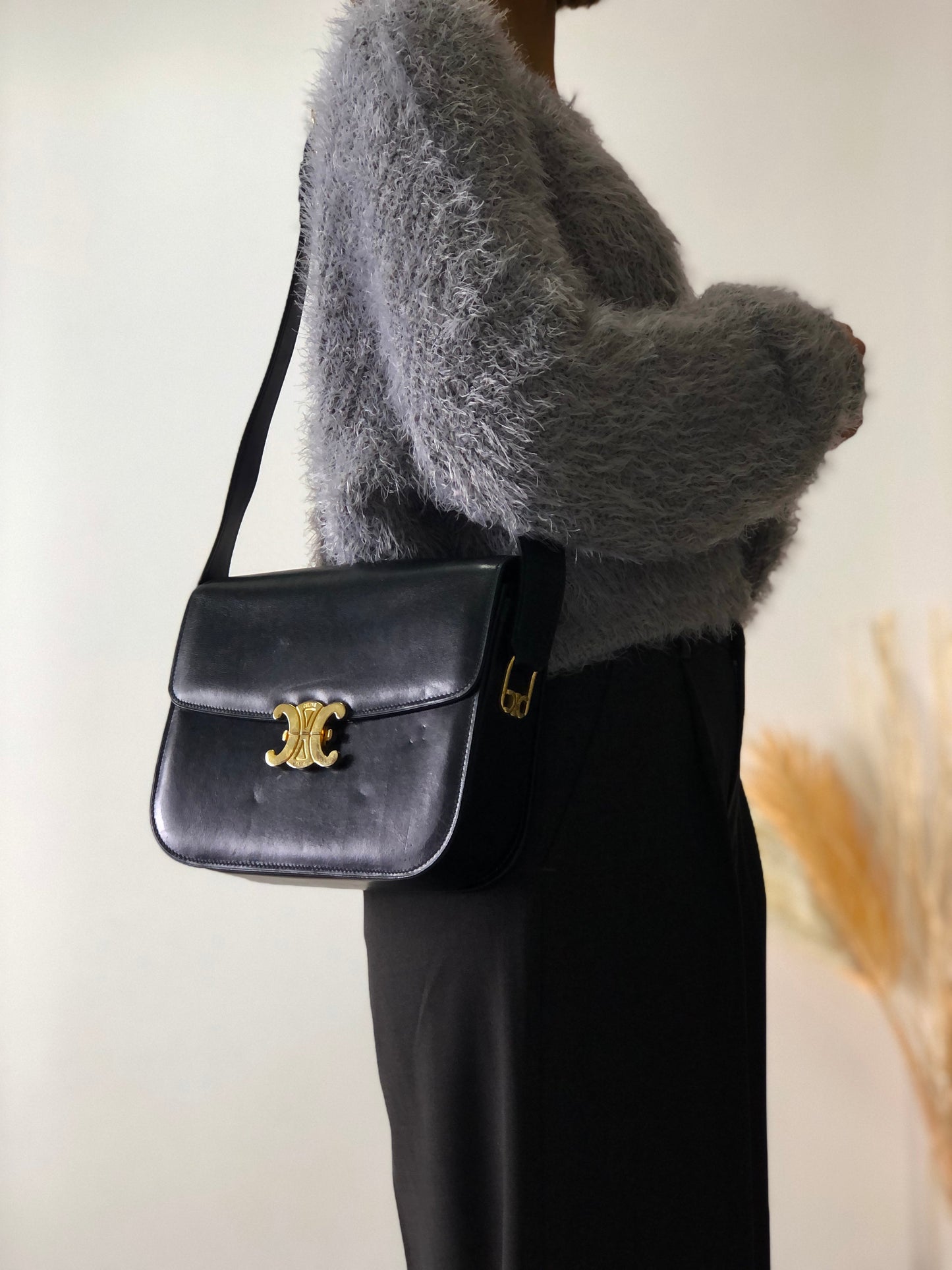 CELINE Triomphe Leather Crossbody Shoulder bag Black iv4xyc