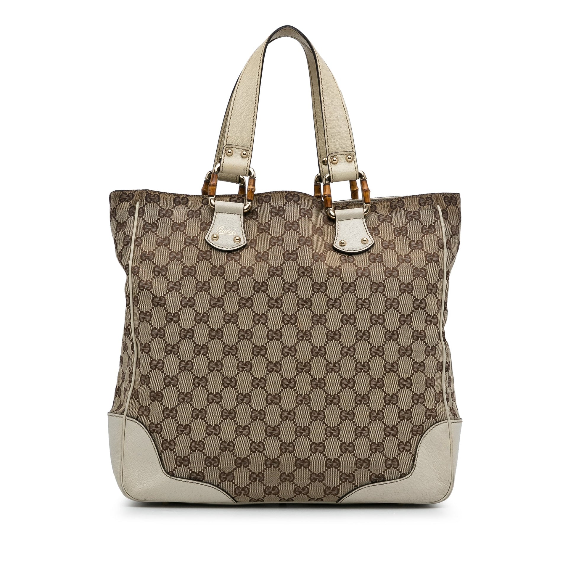 Gucci Bamboo Brown Leather Canvas Tote