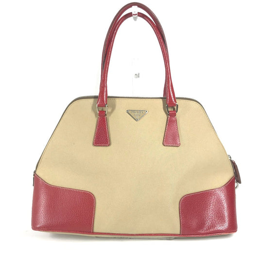 PRADA Shoulder Bag Leather / canvas beige By color Triangle logo plate