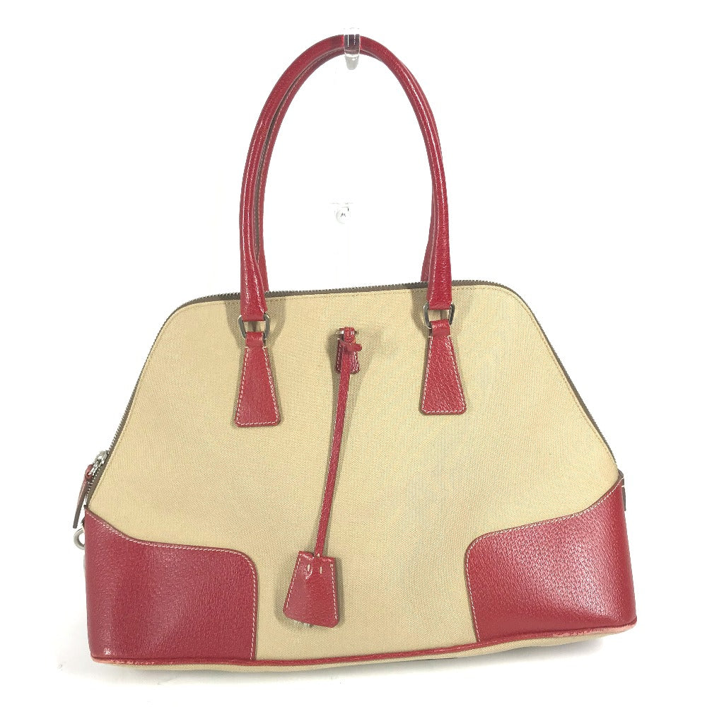 PRADA Shoulder Bag Leather / canvas beige By color Triangle logo plate