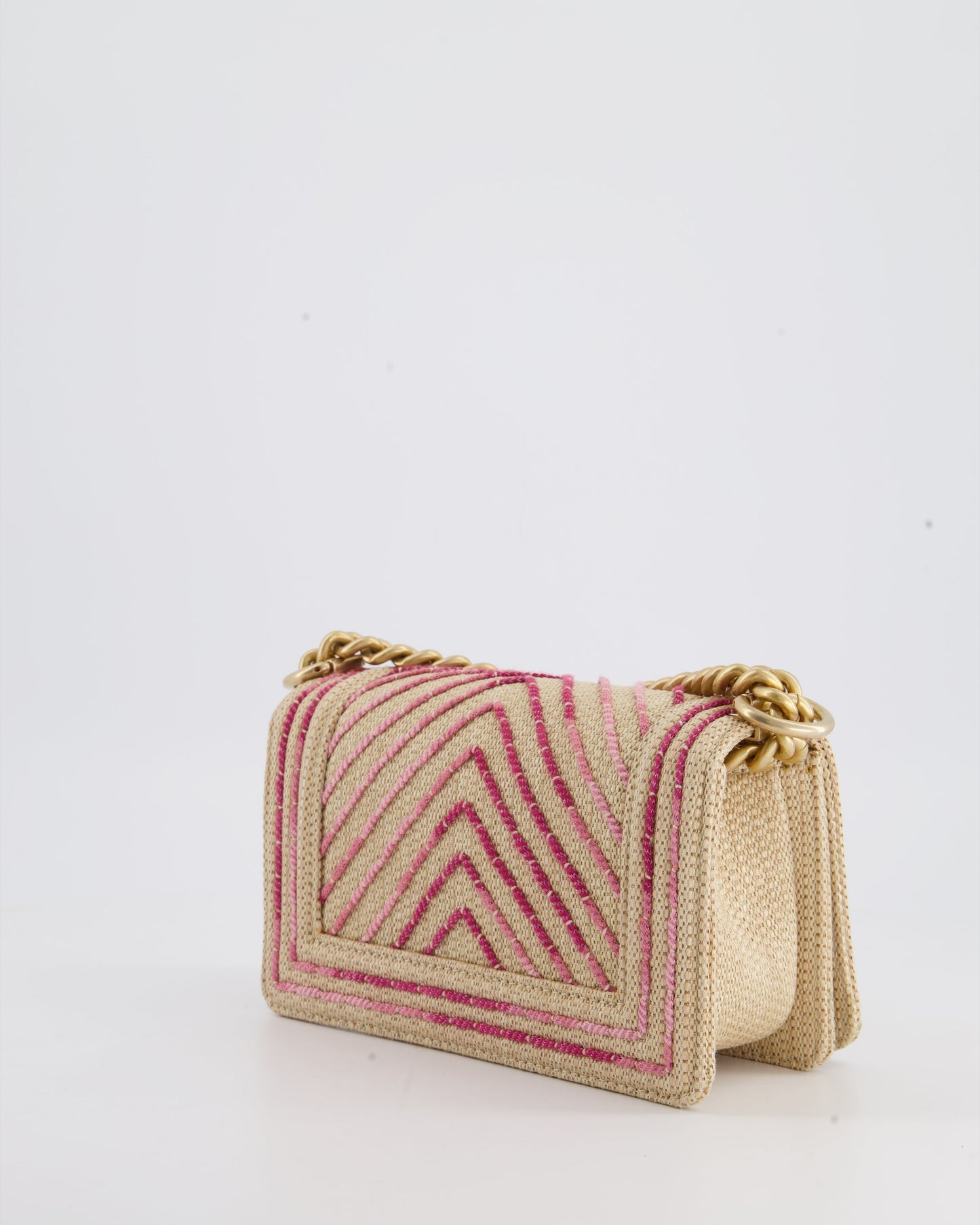 Chanel Small Raffia Boy Bag with Metallic Pink Chevron Stitch and Brushed Gold Hardware