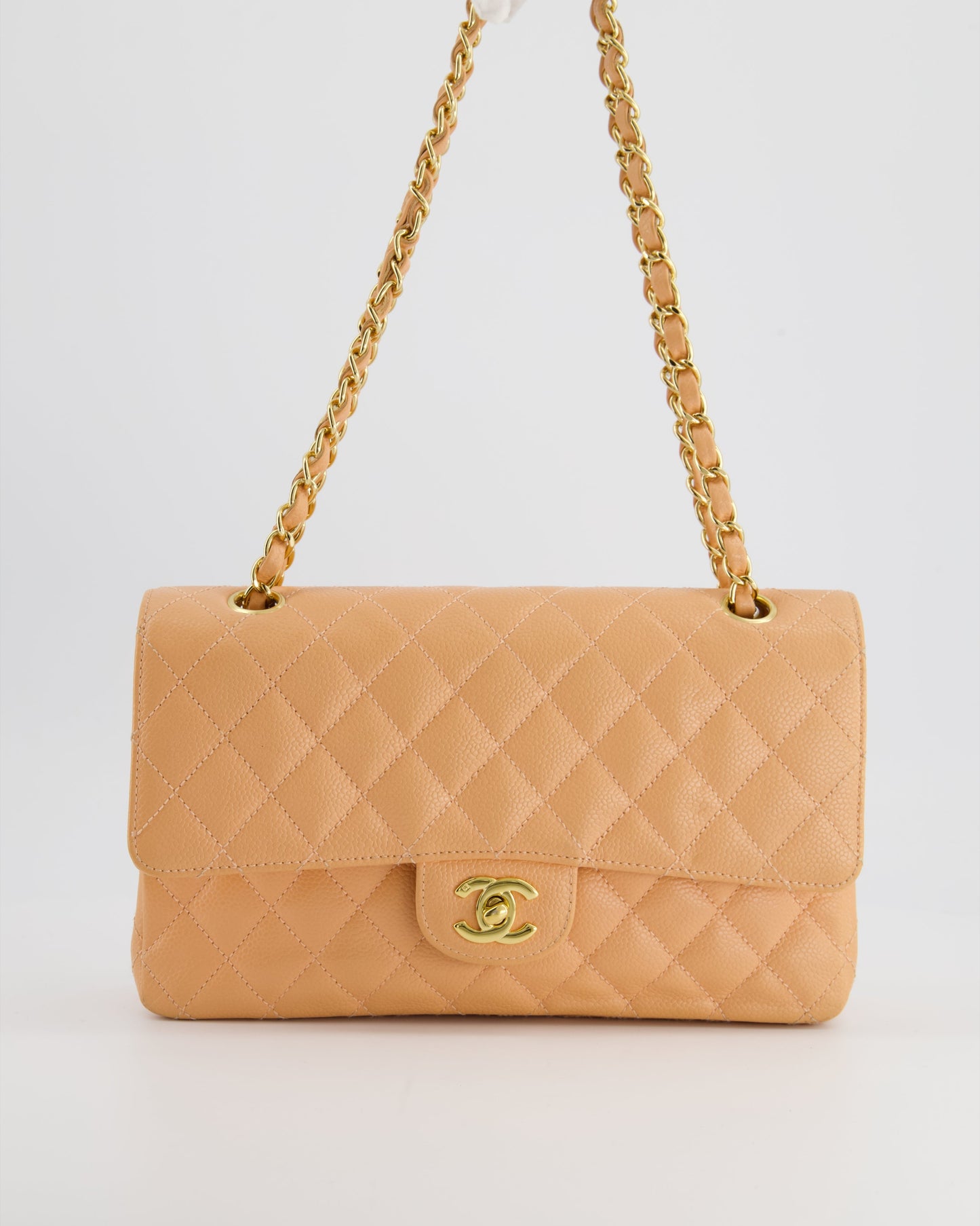 Chanel Peach Classic Medium Double Flap Bag in Caviar Leather with 24K Gold Hardware