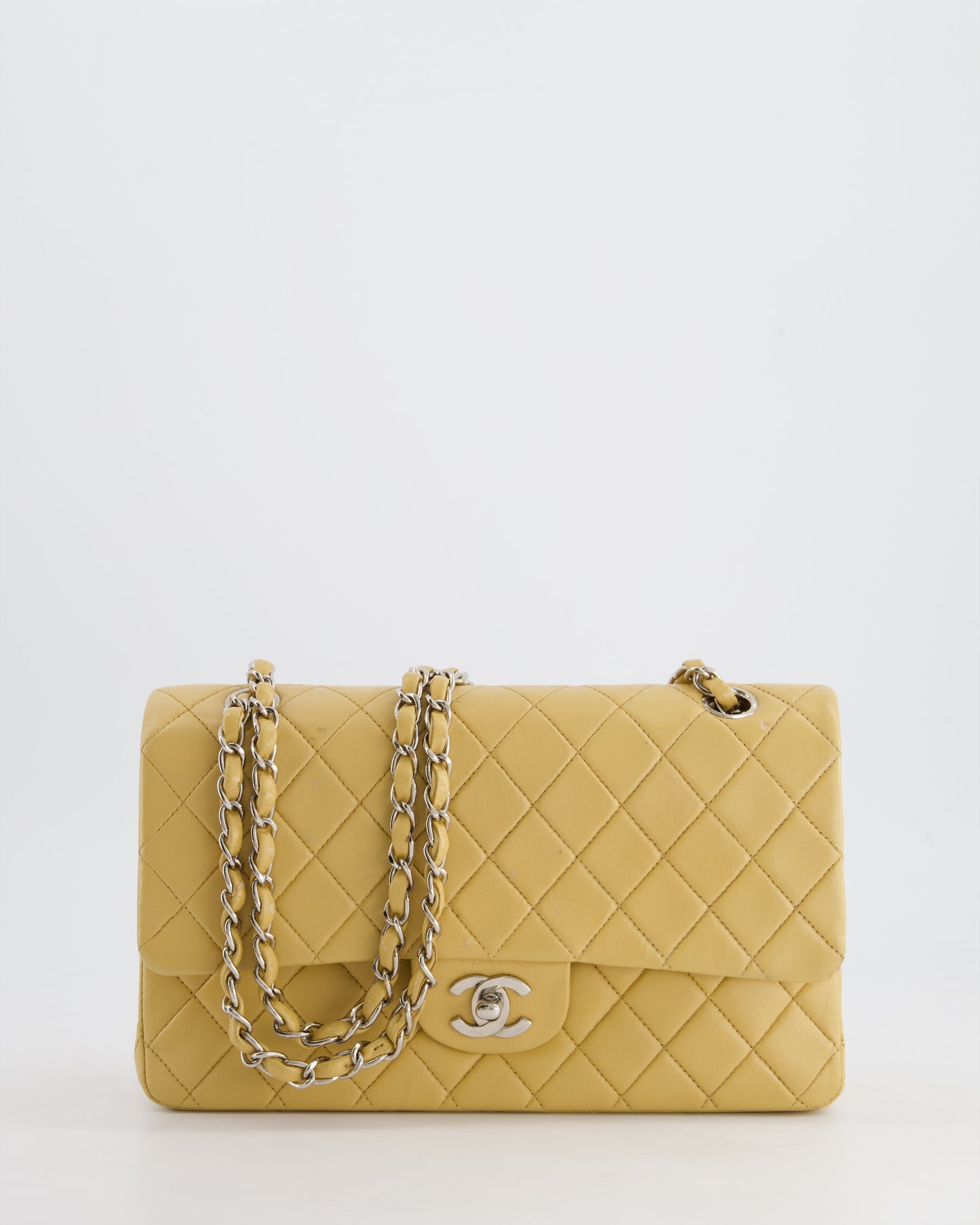 Chanel Beige Classic Medium Double Flap Bag in Lambskin Leather with Silver Hardware