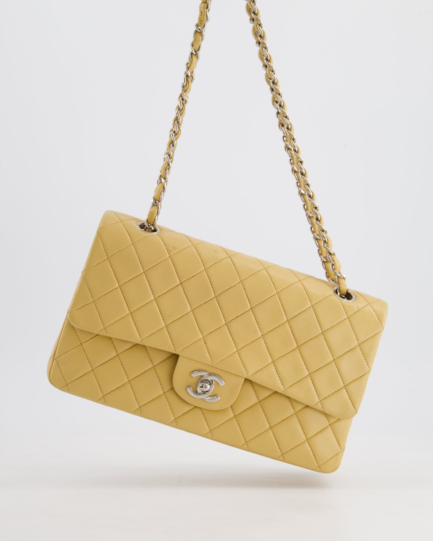 Chanel Beige Classic Medium Double Flap Bag in Lambskin Leather with Silver Hardware