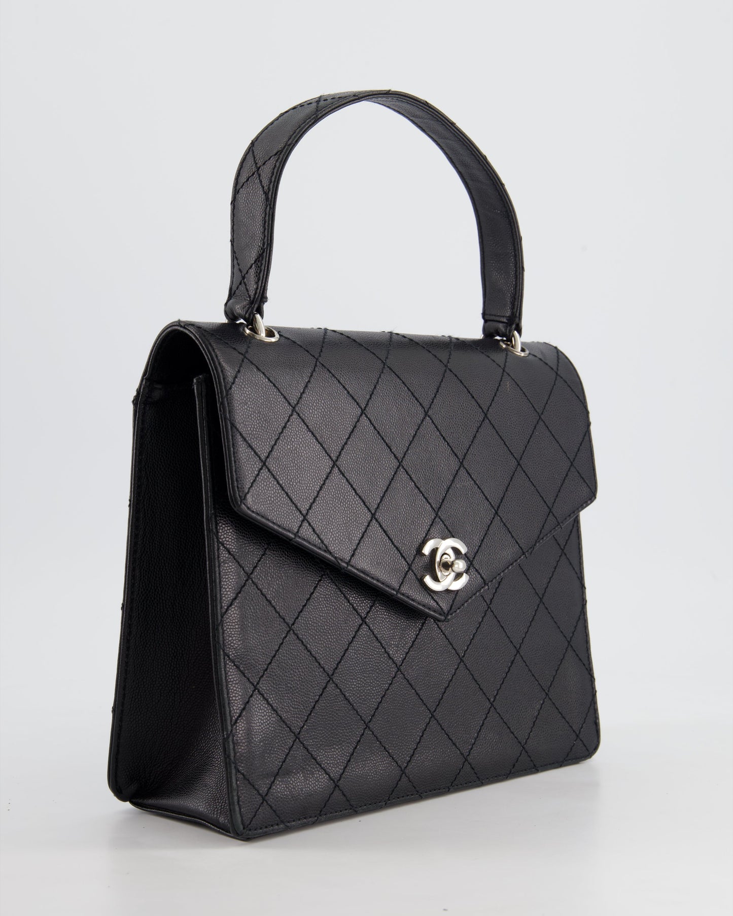 Chanel Black Top Handle Bag in Caviar Leather with Silver Hardware