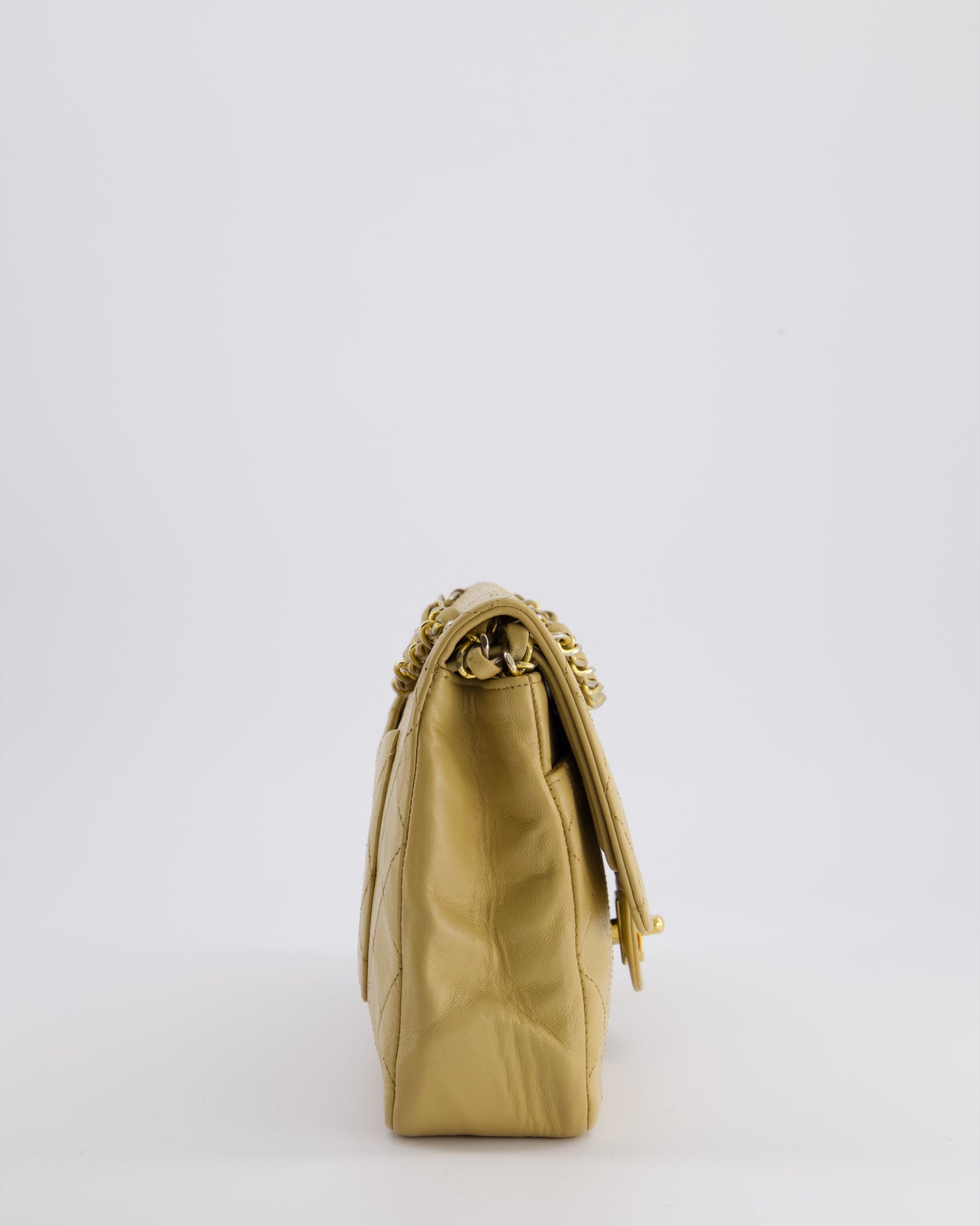 *FIRE PRICE* Chanel Chai Beige Classic Medium Stitched Edge Double Flap Bag in Lambskin Leather with 24K Gold Hardware