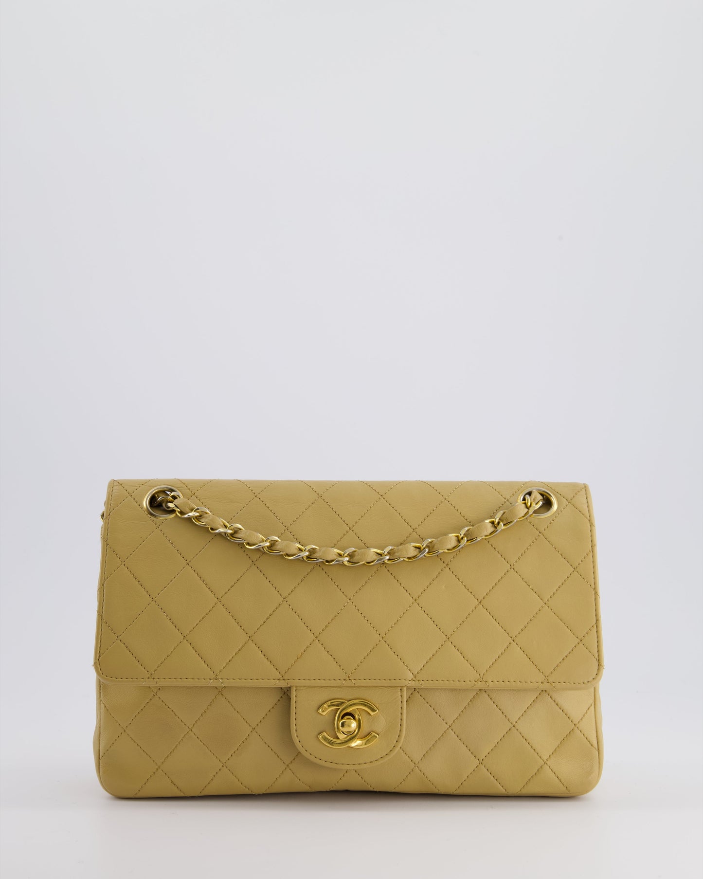 *FIRE PRICE* Chanel Chai Beige Classic Medium Stitched Edge Double Flap Bag in Lambskin Leather with 24K Gold Hardware