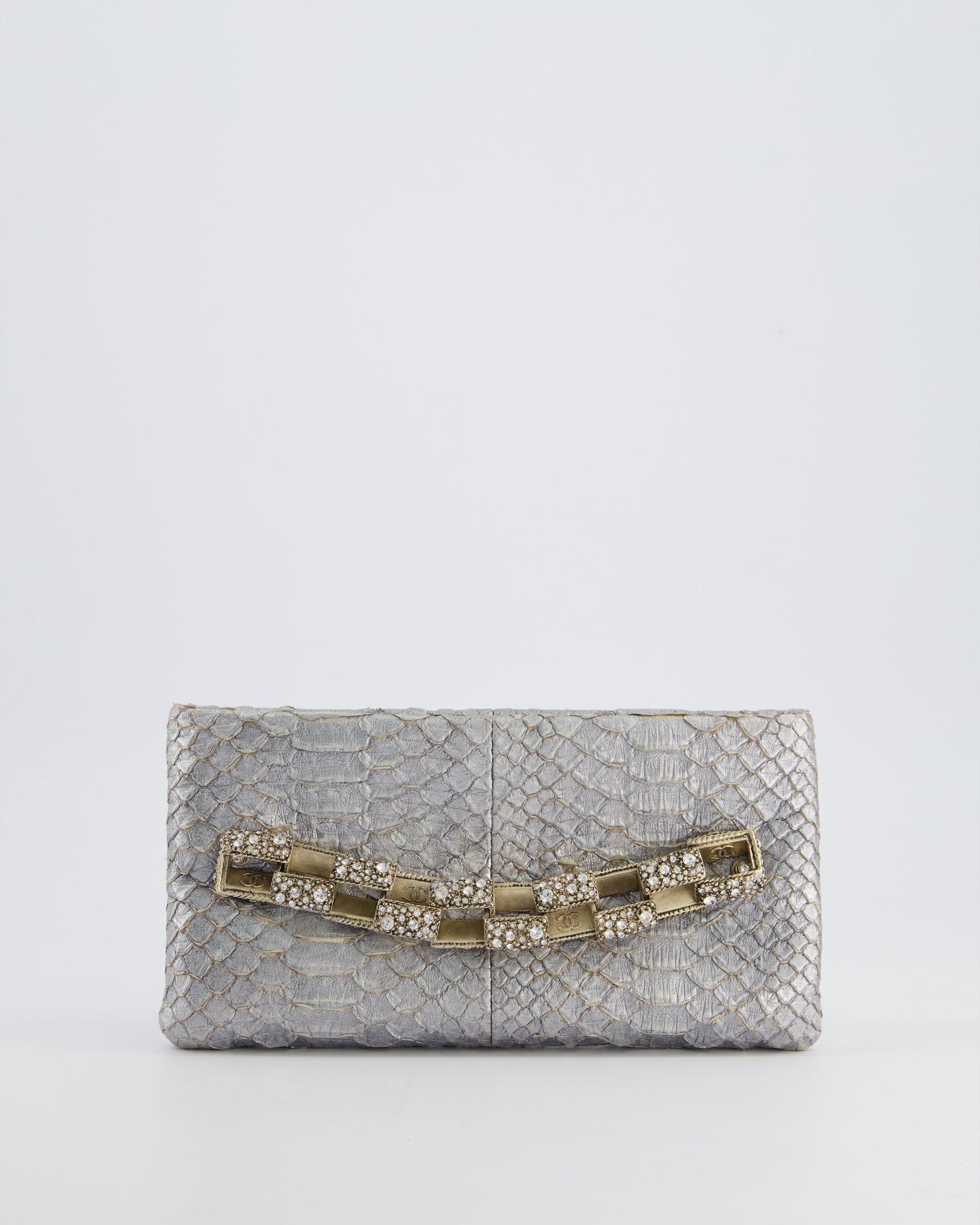 *RARE* Chanel Metallic Silver Bombay Clutch in Python Leather and Antique Gold Hardware with Embellished Crystals