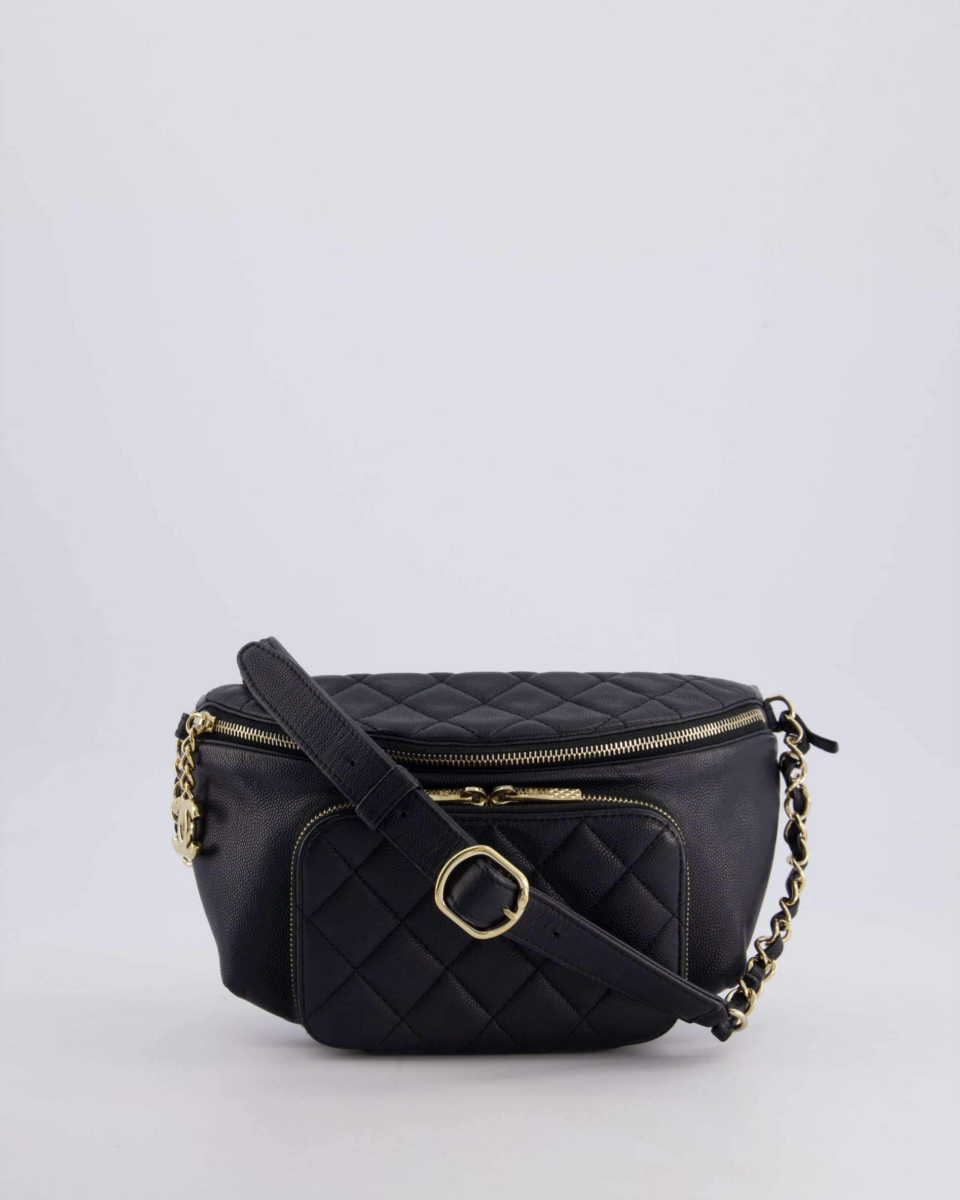 Chanel Black Quilted Business Affinity Bum Bag in Caviar Leather with Champagne Gold Hardware and Logo Zip