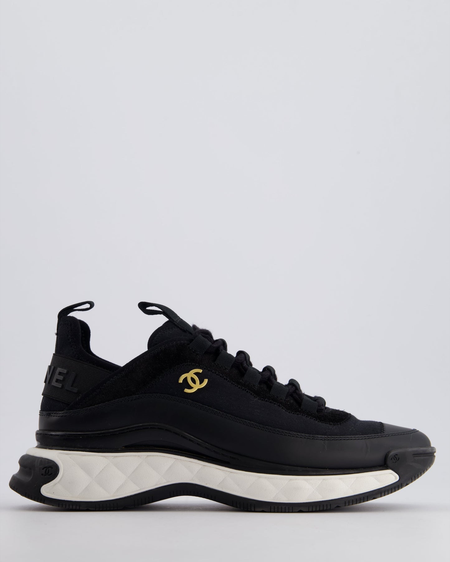 Chanel Black Fabric and Leather Trainers with White Soles and Gold CC Logo Size EU 38.5 Handbag