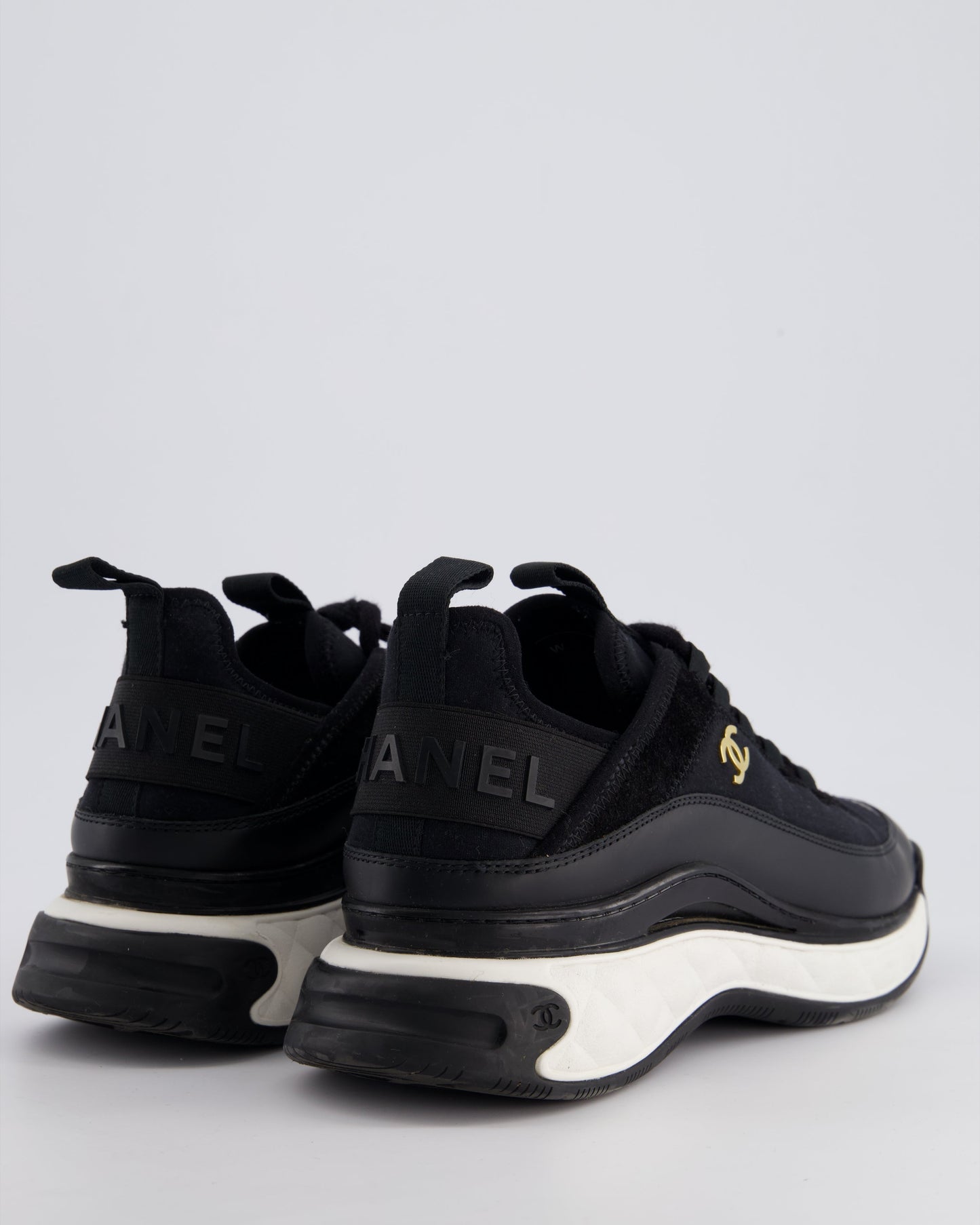 Chanel Black Fabric and Leather Trainers with White Soles and Gold CC Logo Size EU 38.5 Handbag