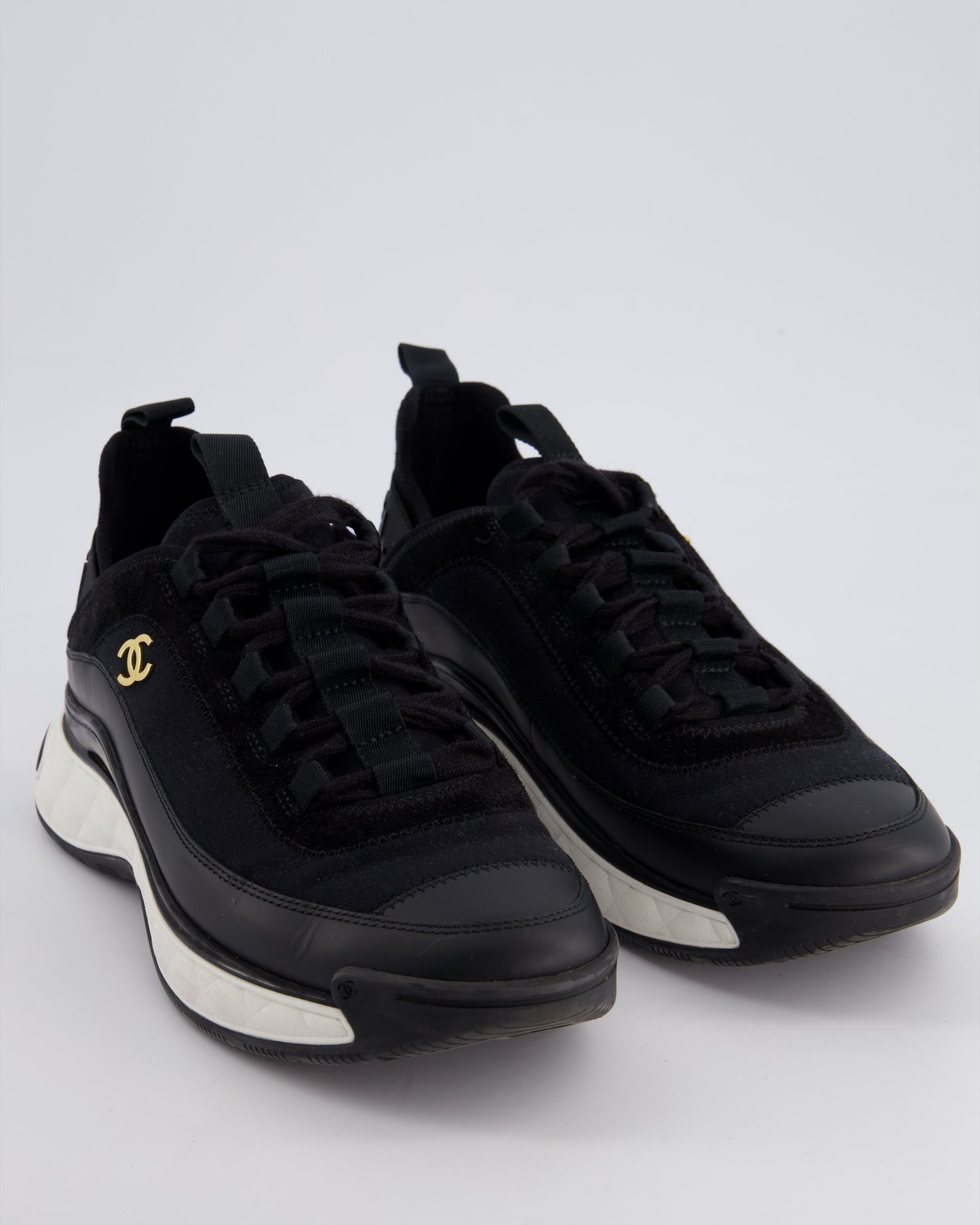 Chanel Black Fabric and Leather Trainers with White Soles and Gold CC Logo Size EU 38.5 Handbag
