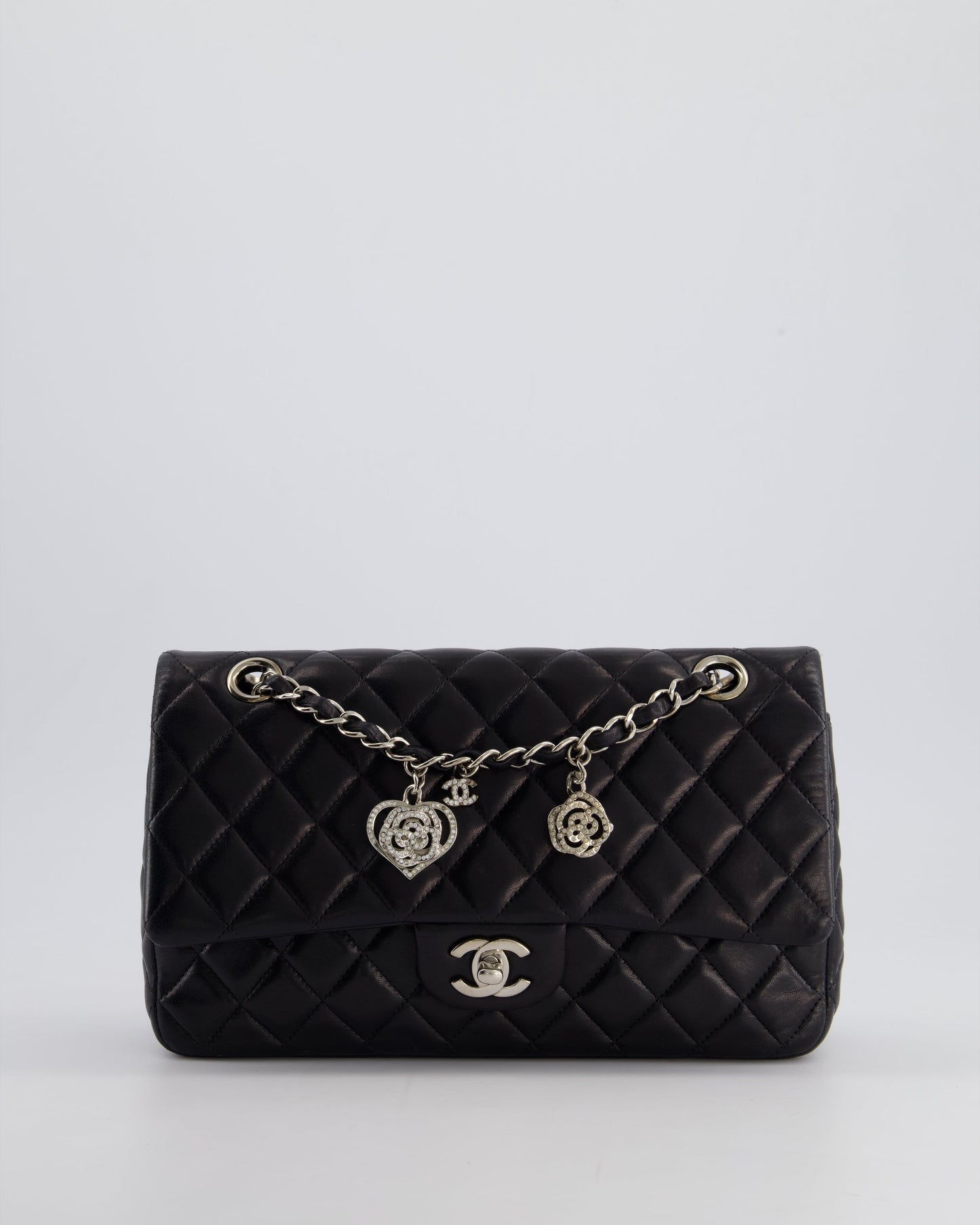 Chanel Black Medium Single Flap Bag with Camelia Crystal Charm Detail Lambskin Leather Silver Hardware