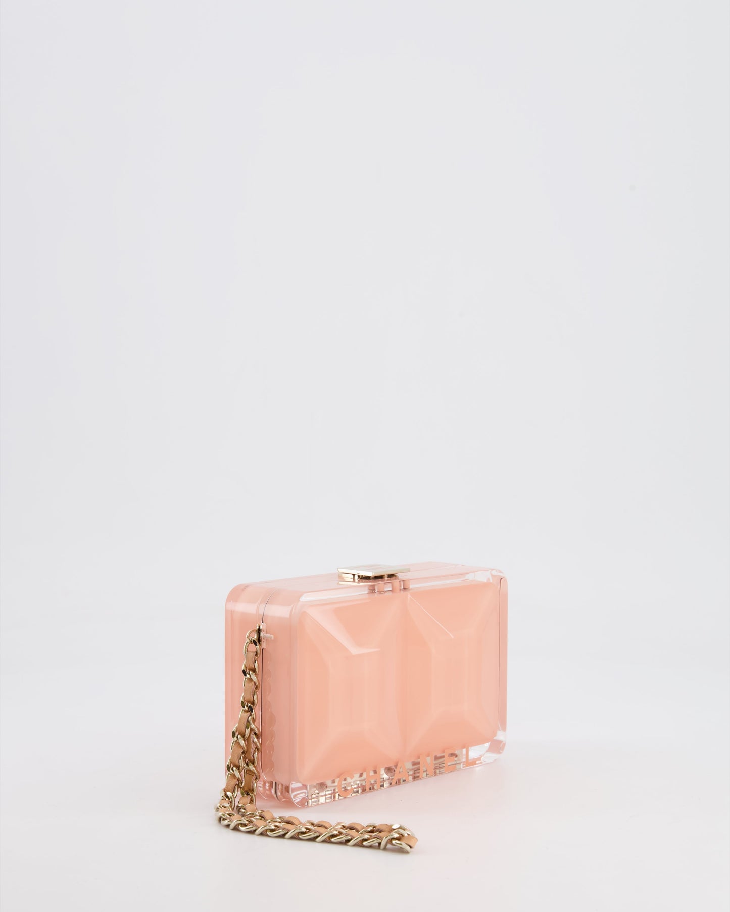 *COLLECTOR'S PIECE* Chanel Minaudi?®re Pink Plexiglass Clutch Bag With Champagne Hardware and Logo Detail