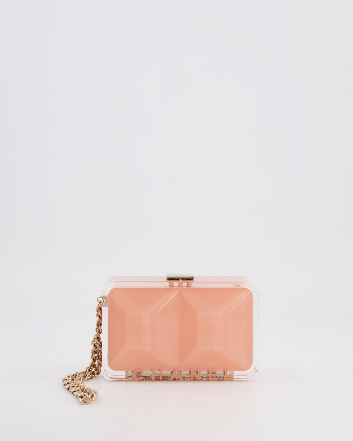 *COLLECTOR'S PIECE* Chanel Minaudi?®re Pink Plexiglass Clutch Bag With Champagne Hardware and Logo Detail