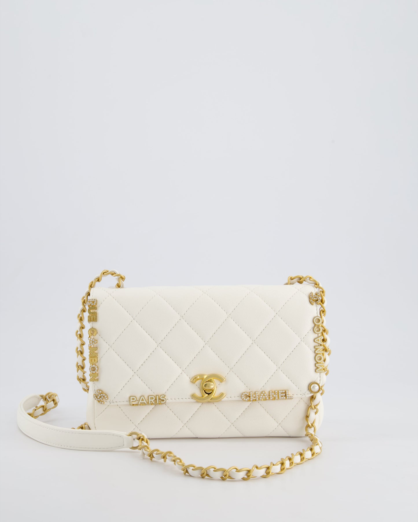 *LIMITED EDITION* Chanel White Monaco Mini Single Flap Bag with Black Interior, Crystal Details and Brushed Gold Hardware