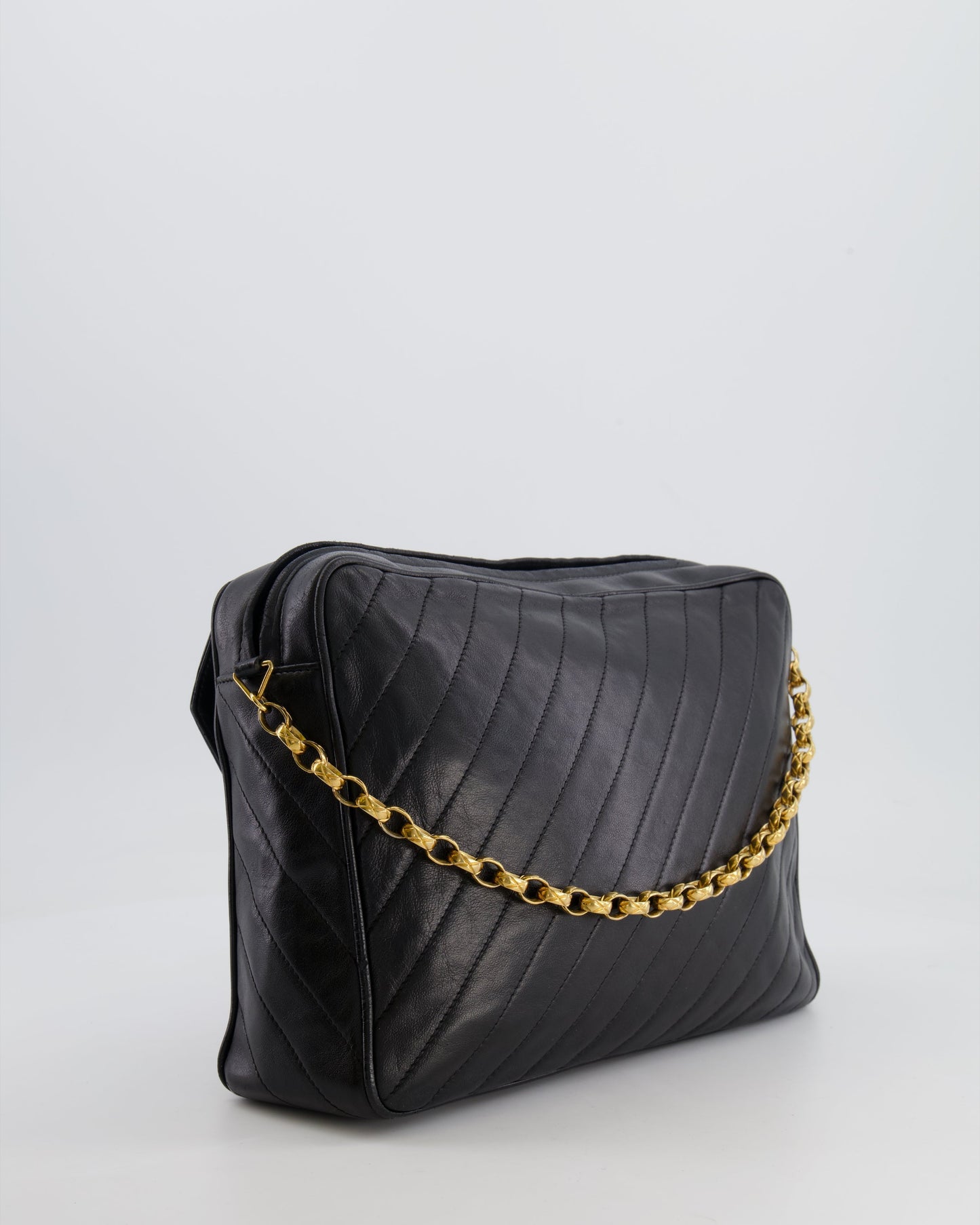 Chanel Black Large Camera Bag in Lambskin Leather with Front Pocket with 24k Gold Hardware