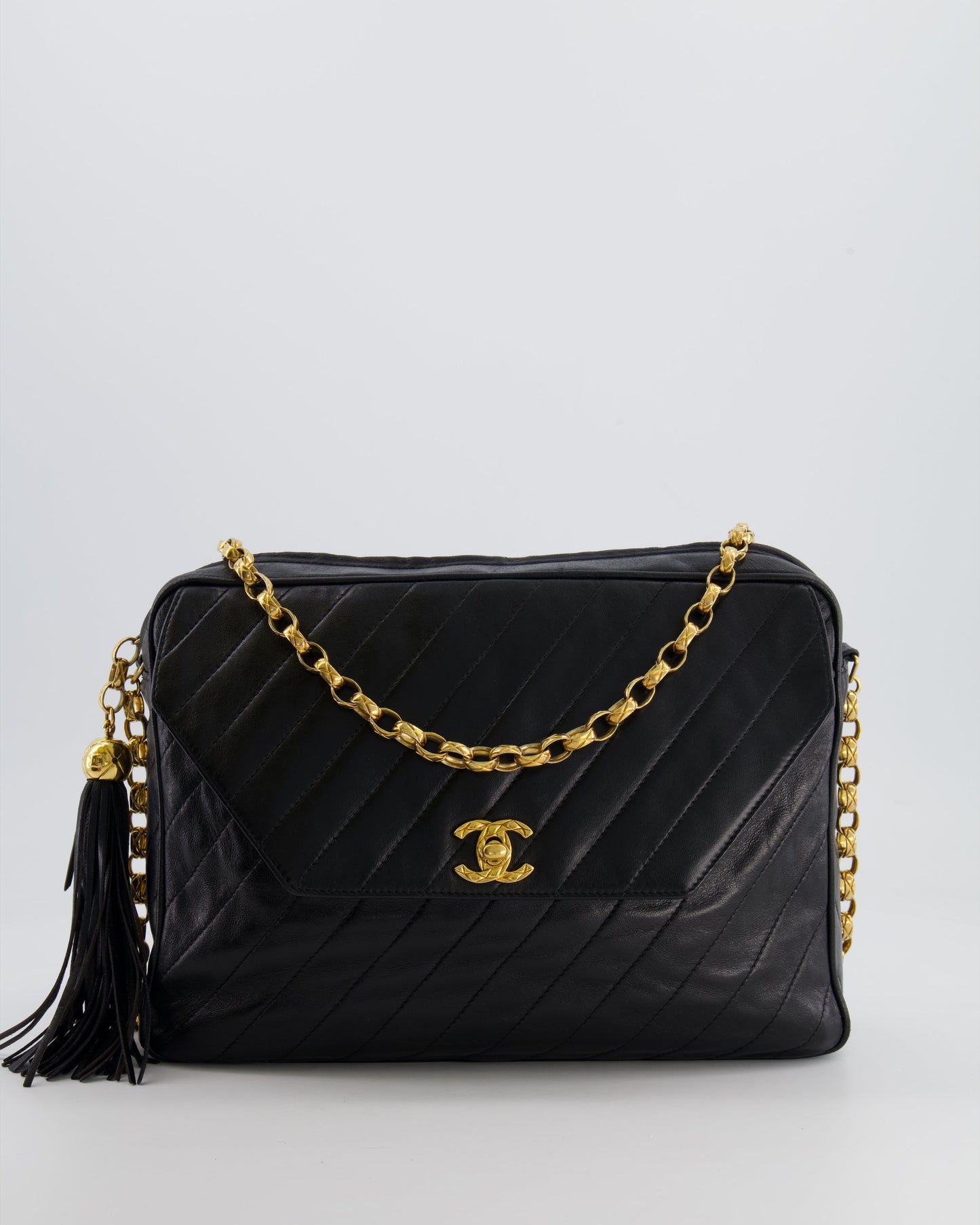 Chanel Black Large Camera Bag in Lambskin Leather with Front Pocket with 24k Gold Hardware